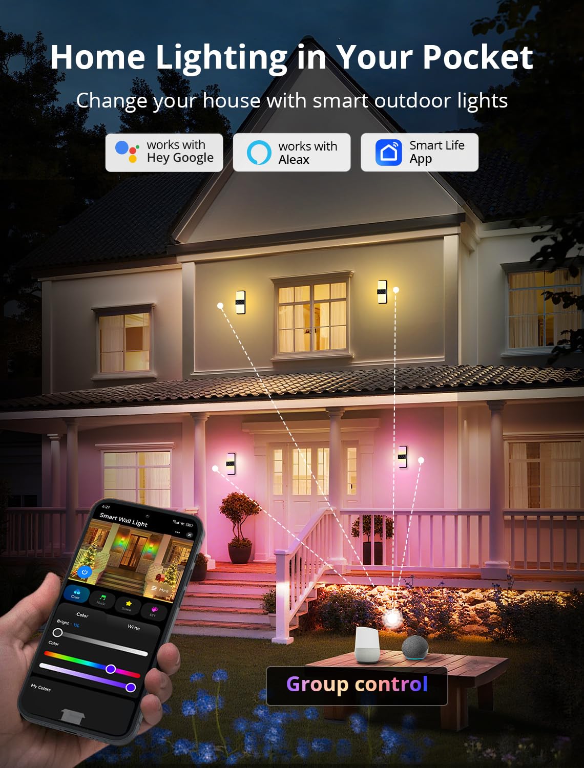 SMAVISTA Smart Outdoor Wall Lights, 1500LM RGBCW Porch Lights with 44 Scene Modes, DIY Color Effects, IP65 Waterproof Security L