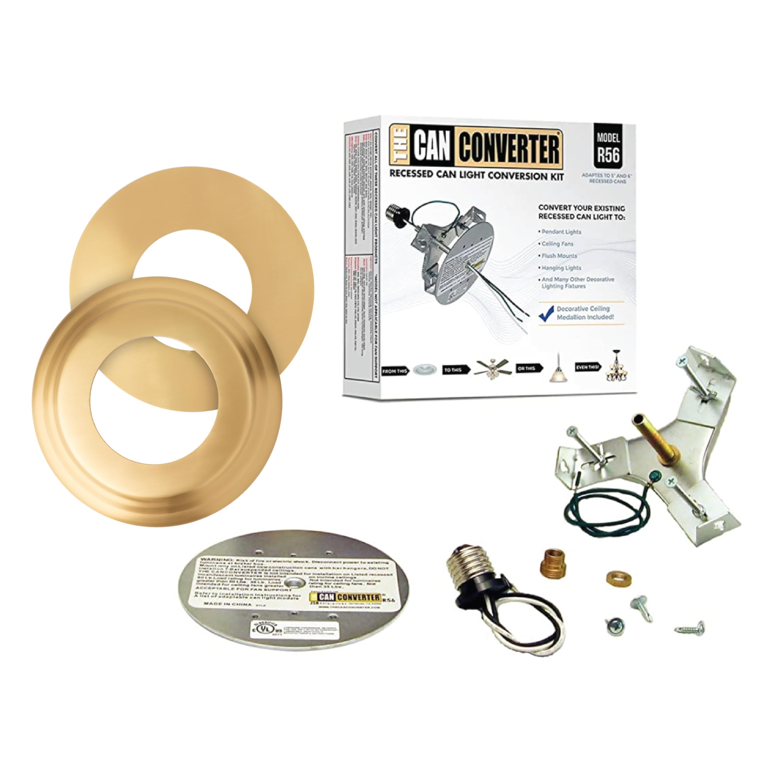 The Can Converter - R56, Complete Recessed Can Light Conversion Kit, For Ceiling Light Fixture, Pendant Light, Hanging Light, Ceiling Fan, W/ 7¾ Beveled & Flat, Steel, Ceiling Medallion, Brushed Brass