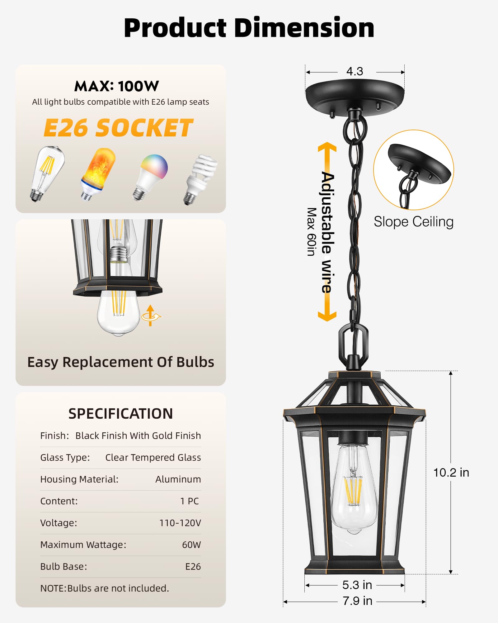 VIANIS Outdoor Pendant Light Fixture, Black Gold Aluminum, Waterproof, Tempered Glass, Model V83091