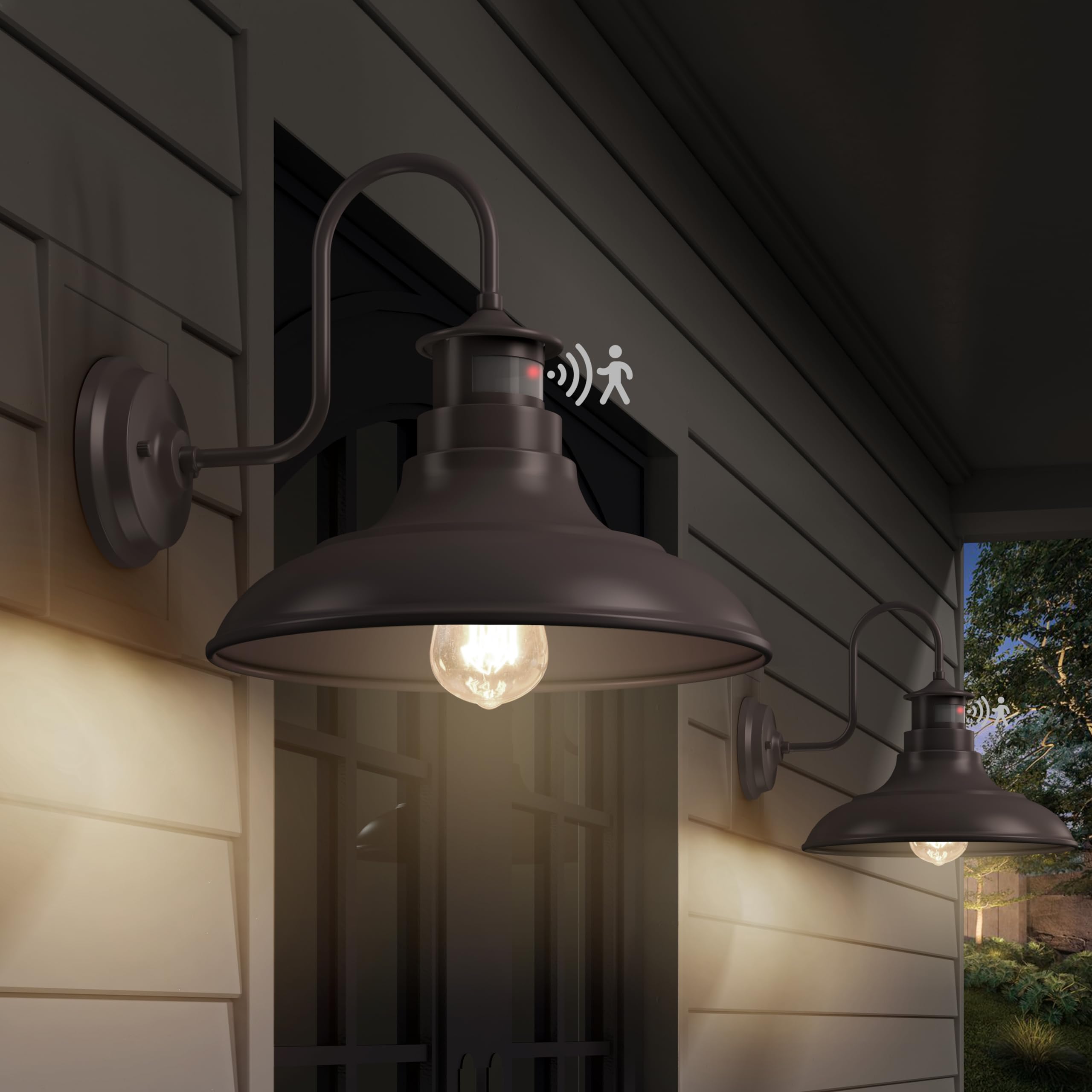 2-Pack Gooseneck Wall Sconce Barn Lights,14Inch Dusk to Dawn Motion Sensor Farmhouse Outdoor Wall Mount Lighting Fixtures,3-Mode