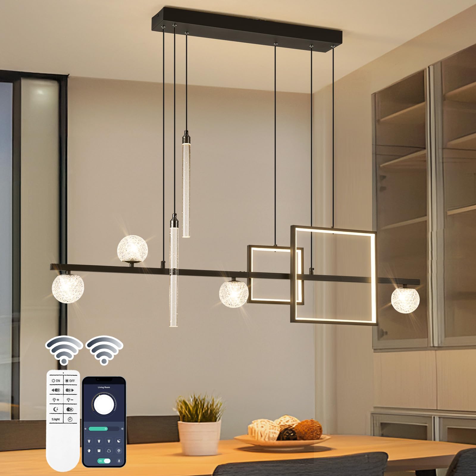 ORANOOR Modern LED Pendant Light, 47in Dimmable Black & Gold Chandelier for Dining Room, Model 8417