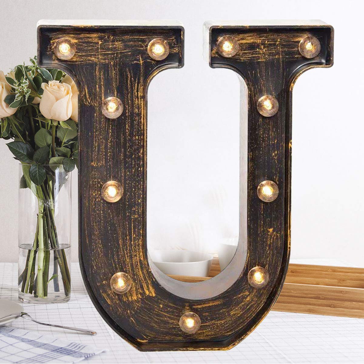 Oycbuzo Golden Black Led Marquee Letter Sign - Vintage Light Up Decor For Events & Parties - U