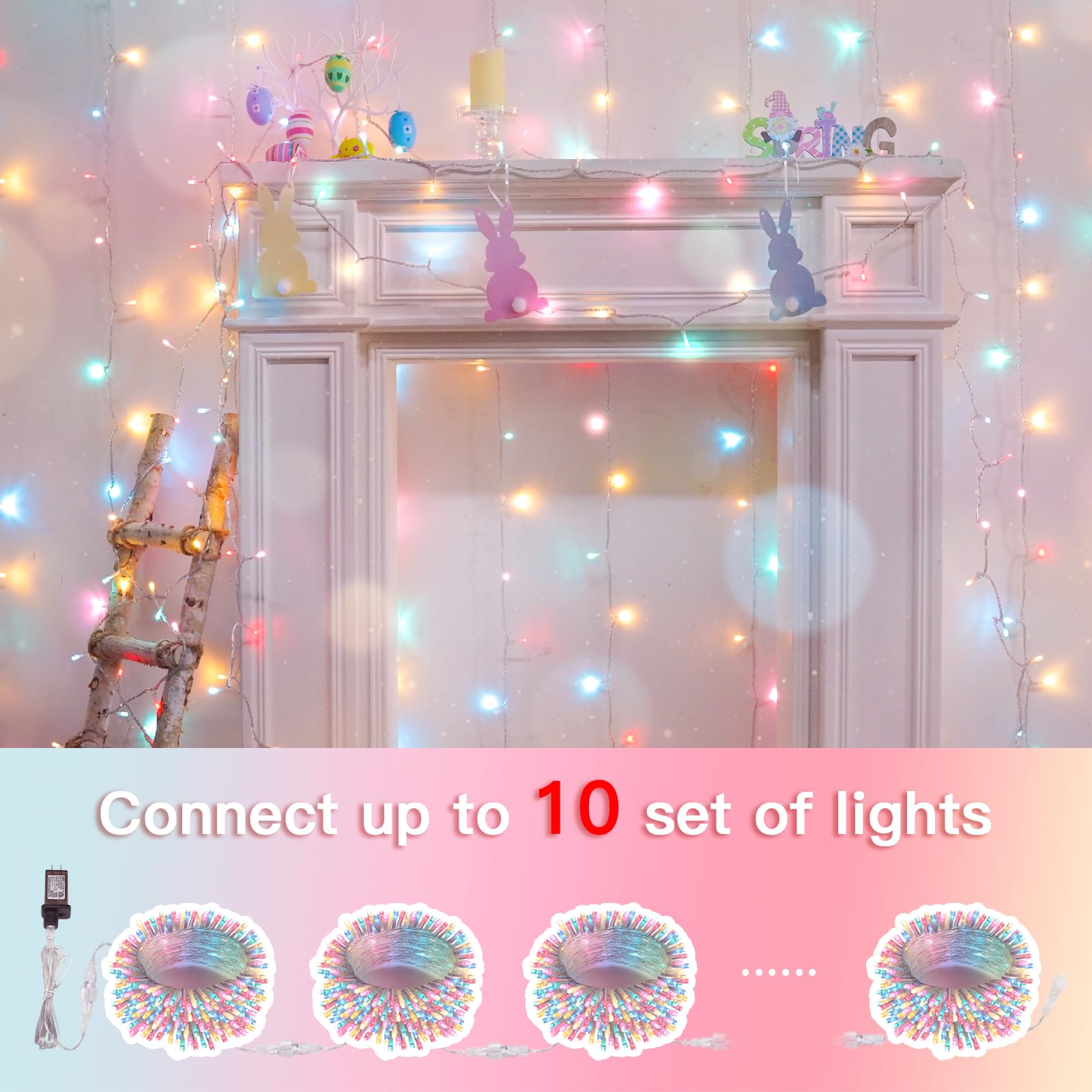 Suddus Easter String Lights Indoor Bedroom Connectable, 33Ft 100 Led Multicolor Christmas Light Outdoor Clear Wire, Plug In Fair