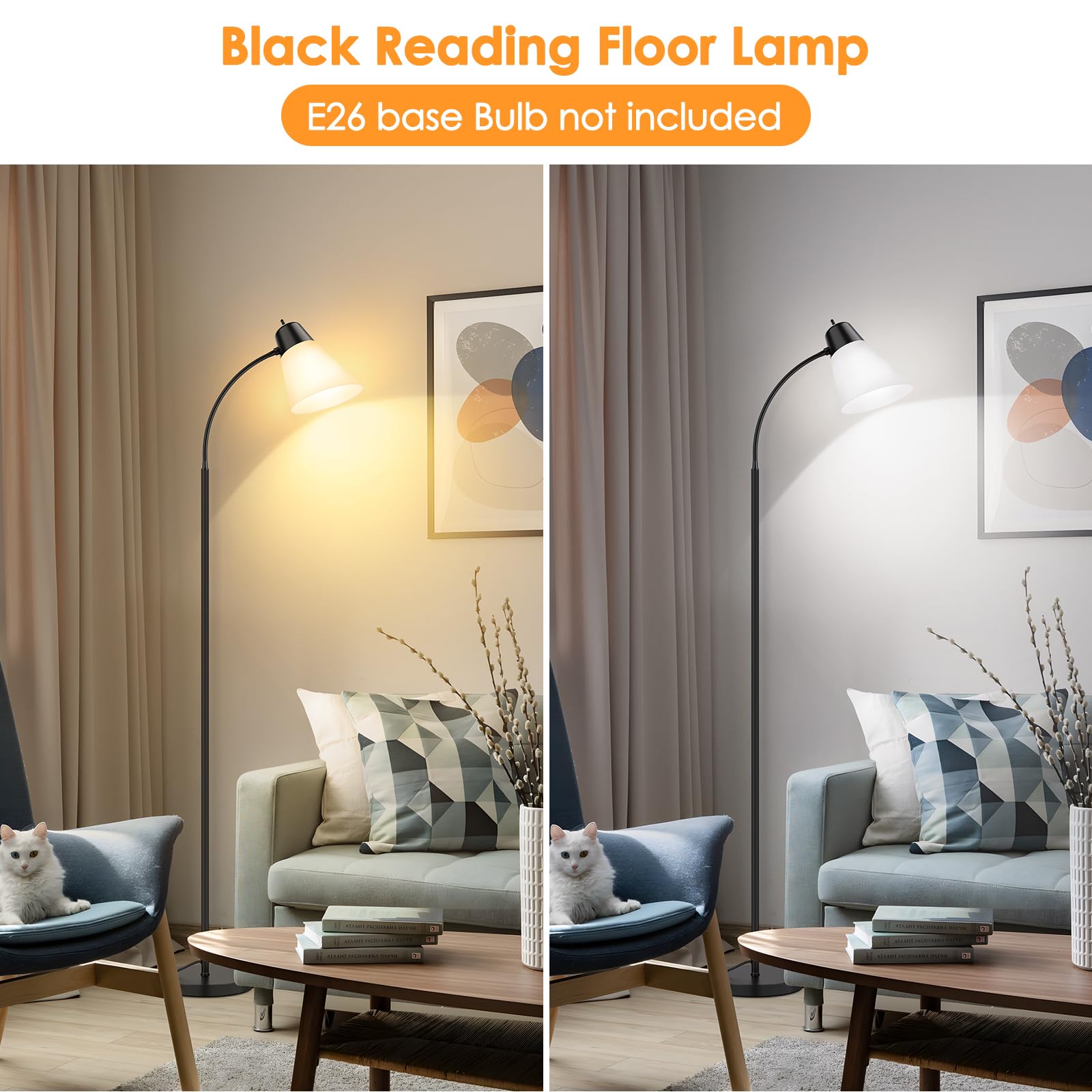 Coucrek Floor Lamp For Living Room, Adjustable Gooseneck Standing Lamp With White Plastic Shade, Black Reading Floor Lamps For D