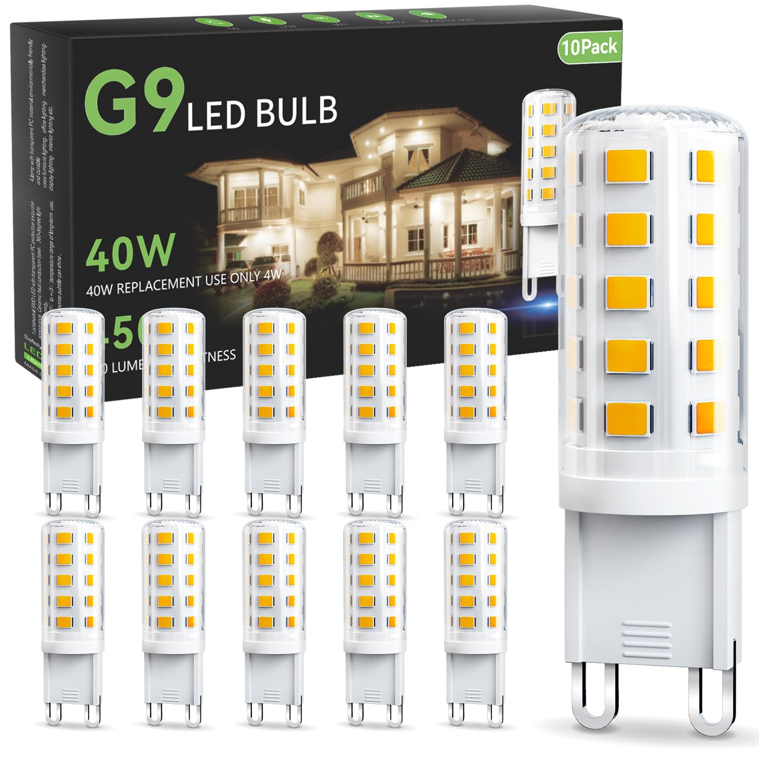 Tjoy G9 Led Bulb 4W, 3000K Soft Warm White 10 Pack, Equivalent 40 Watt T4 G9 Halogen Replacement, G 9 Bi-Pin Base Light Bulbs Fo