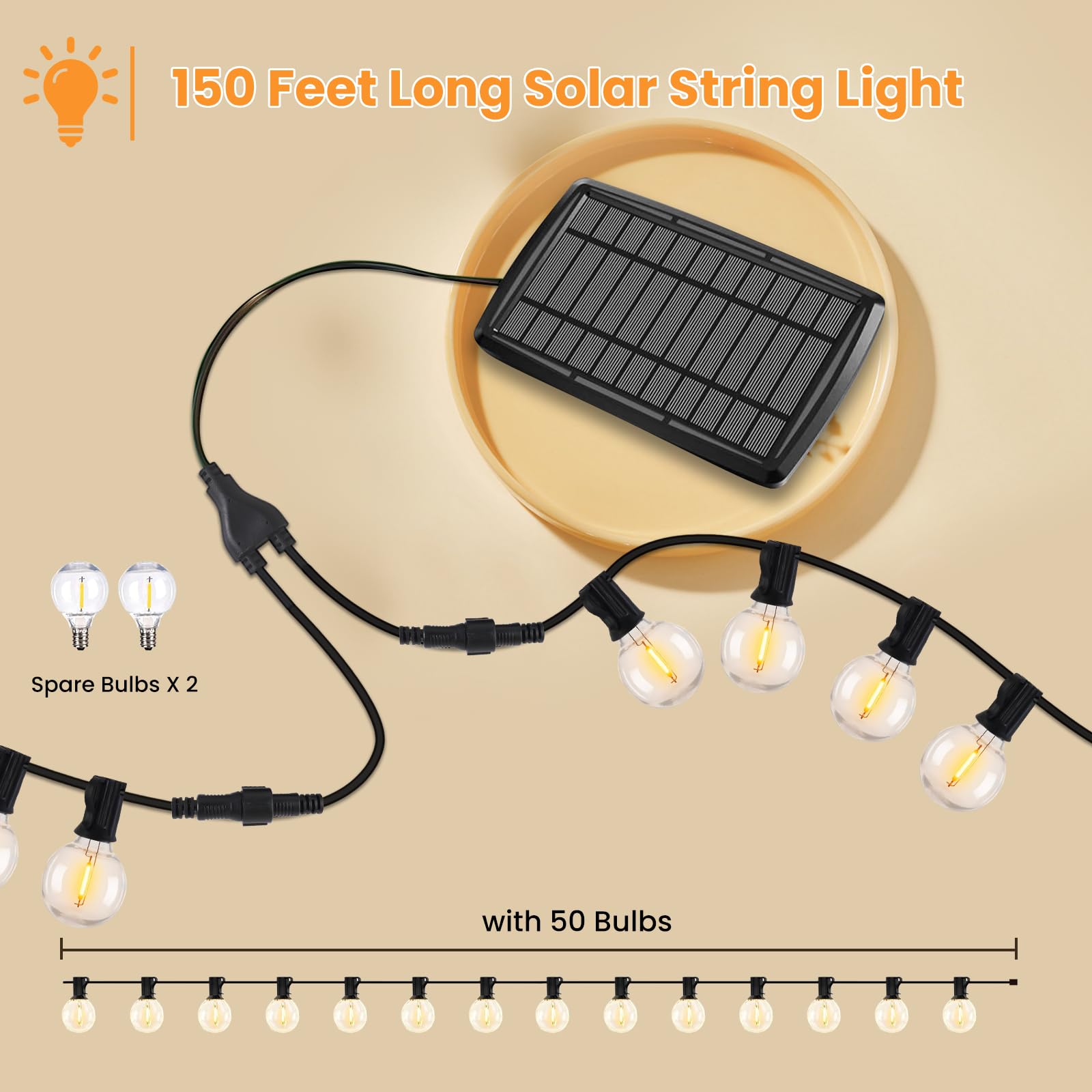 2 Pack 150Ft Solar Outdoor String Lights Waterproof, Solar Powered Patio Lights With Remote Control & 104 Shatterproof G40 Ediso