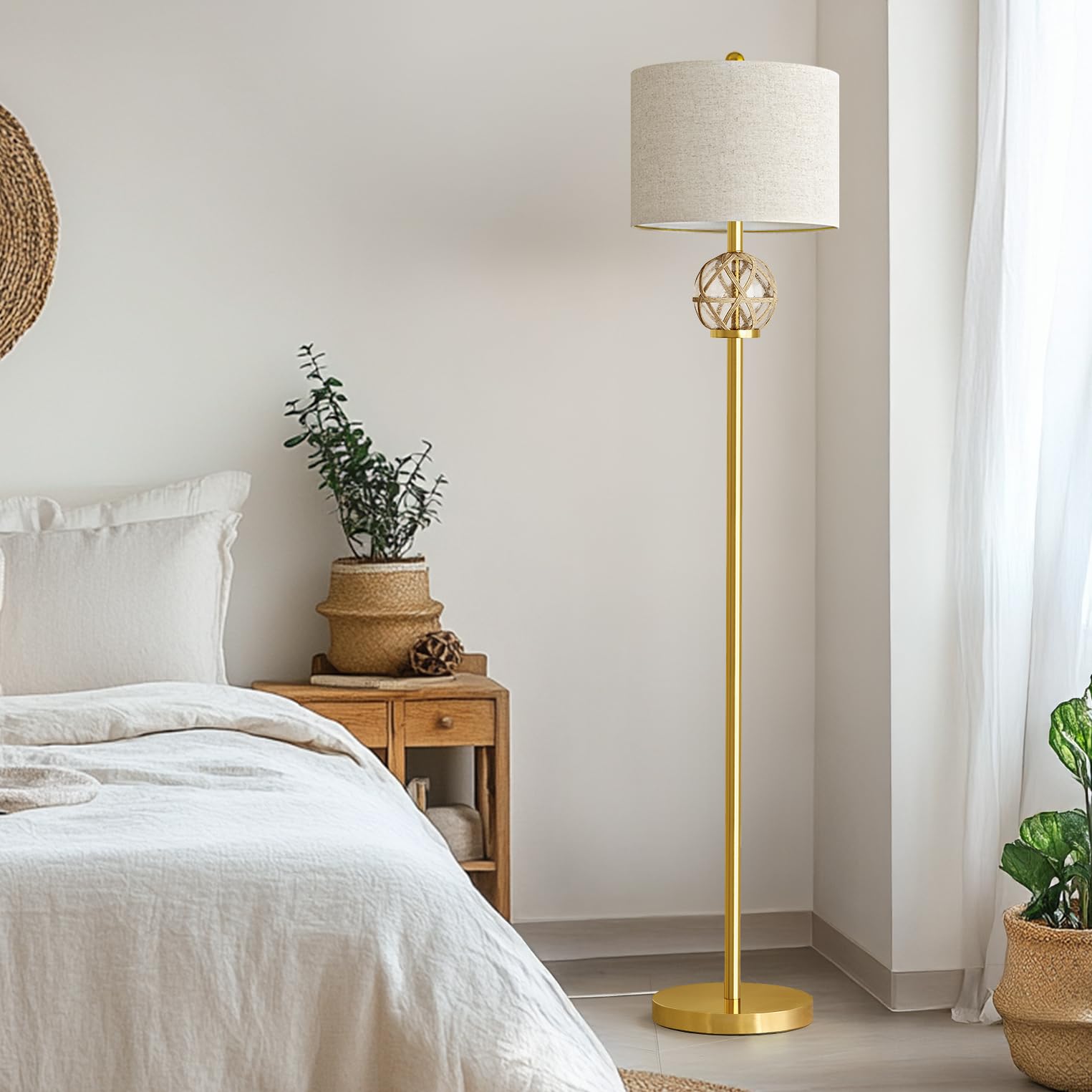 Oneach 61.5Modern Floor Lamp For Living Room, Gold Boho Standing Lamp With Rattan Glass Design, Rotary Switch, Farmhouse Tall La