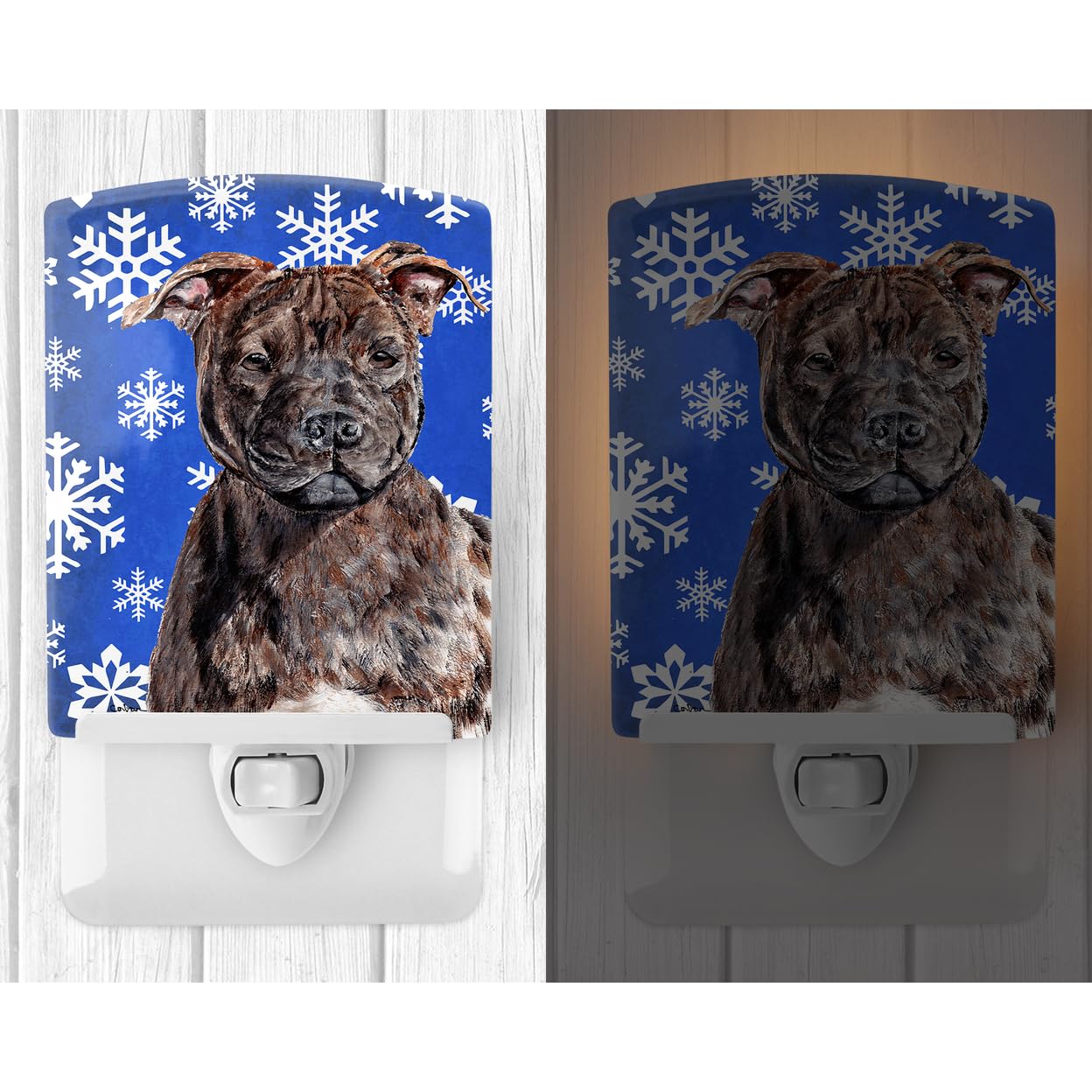Caroline'S Treasures Sc9777Cnl Staffordshire Bull Terrier Staffie Winter Snowflakes Ceramic Night Light Compact, Ul-Certified, Ideal For Bedroom, Bathroom, Nursery, Hallway, Kitchen, 6X4X3, Multicolo