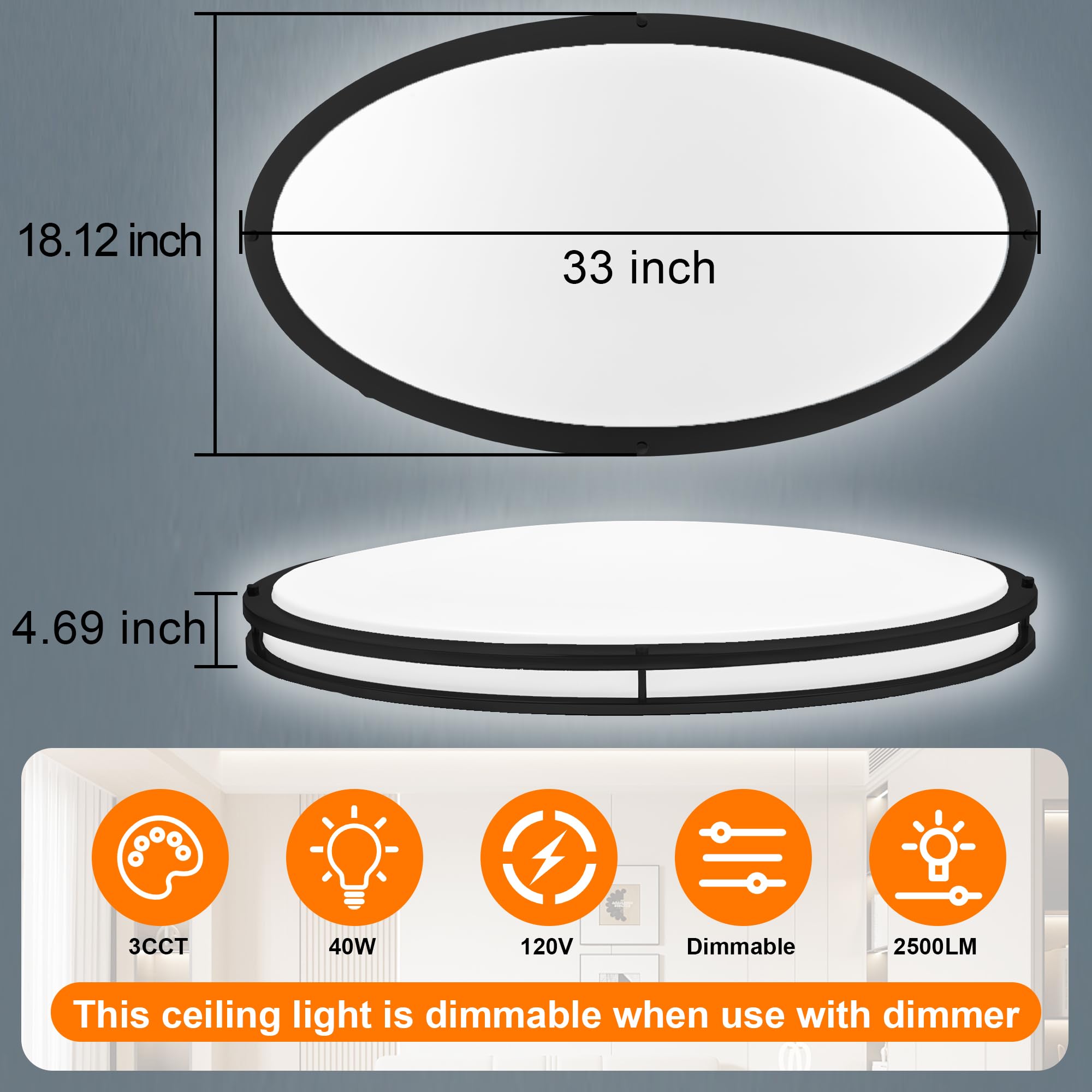 Faymart Lighting 33 Inch Black LED Flush Mount Ceiling Light 3000K/4000K/5000K Alloy Steel for Living Room, Kitchen, Bathroom