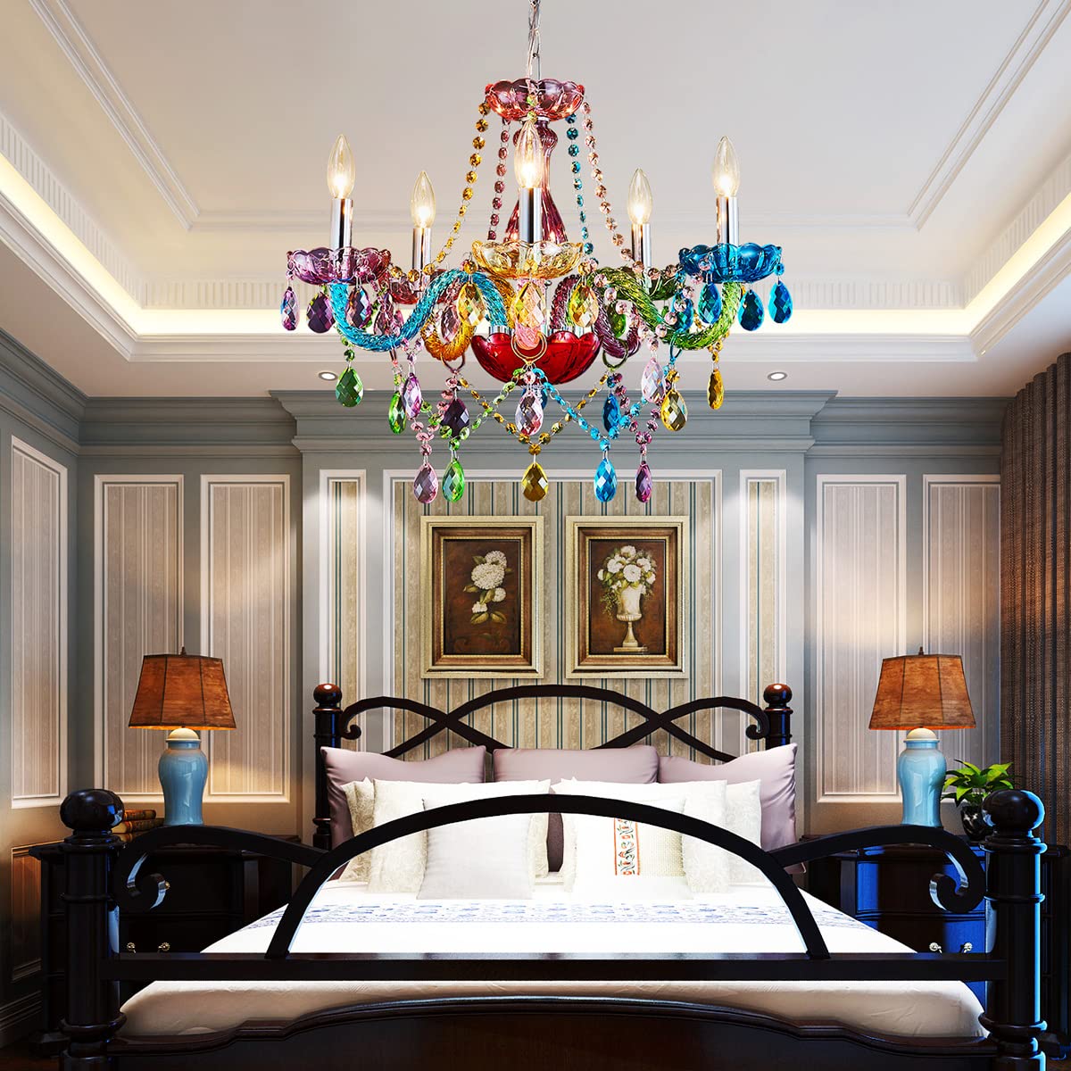 SM Saint Mossi Modern K9 Crystal Chandelier, 5-Light Pendant Fixture, Multi-Color, Adjustable Chain, H19 x W19, Model SM-DY-19084