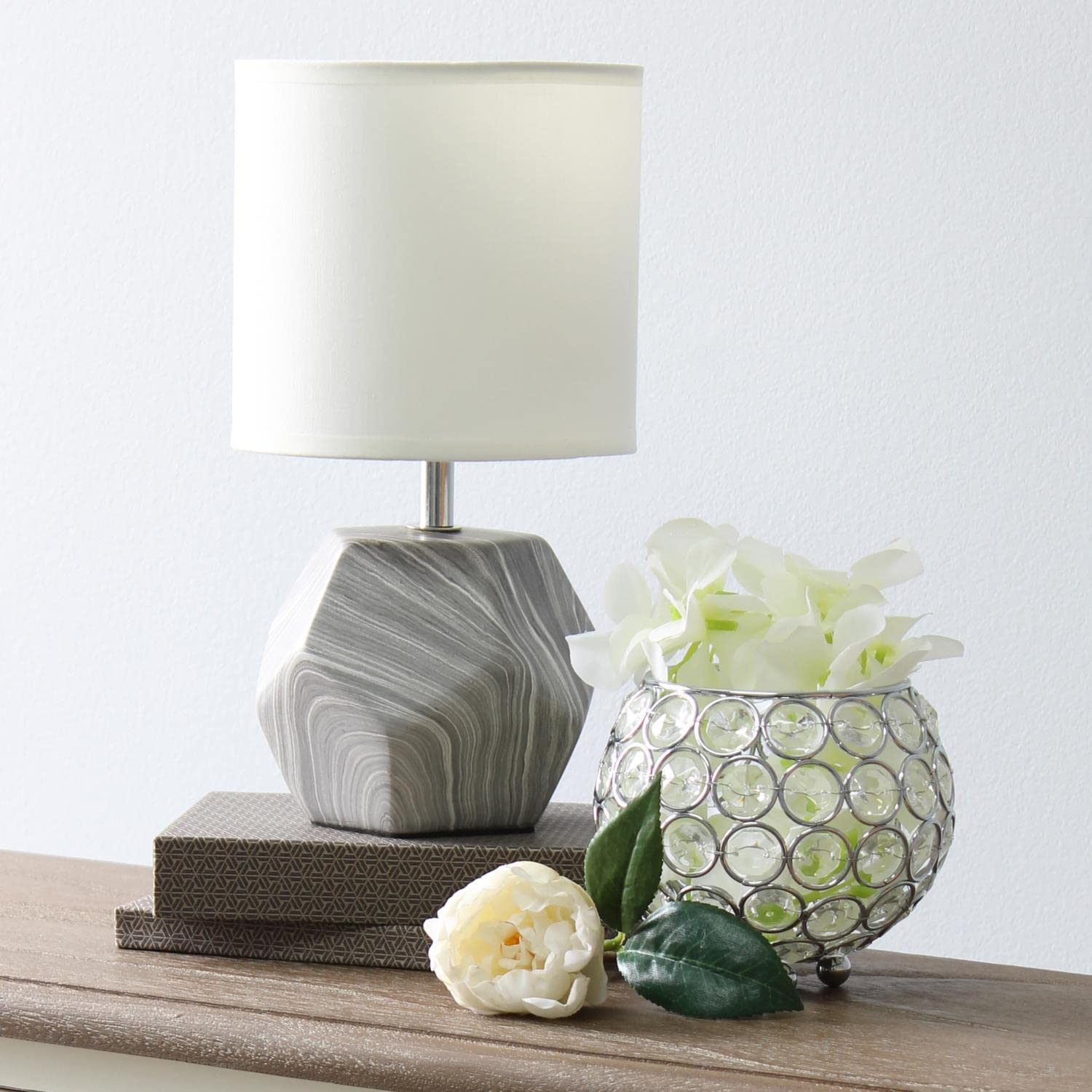 Simple Designs Lt2065-Mbl Round Prism Mini Table Lamp With White Fabric Shade, Gray Marble