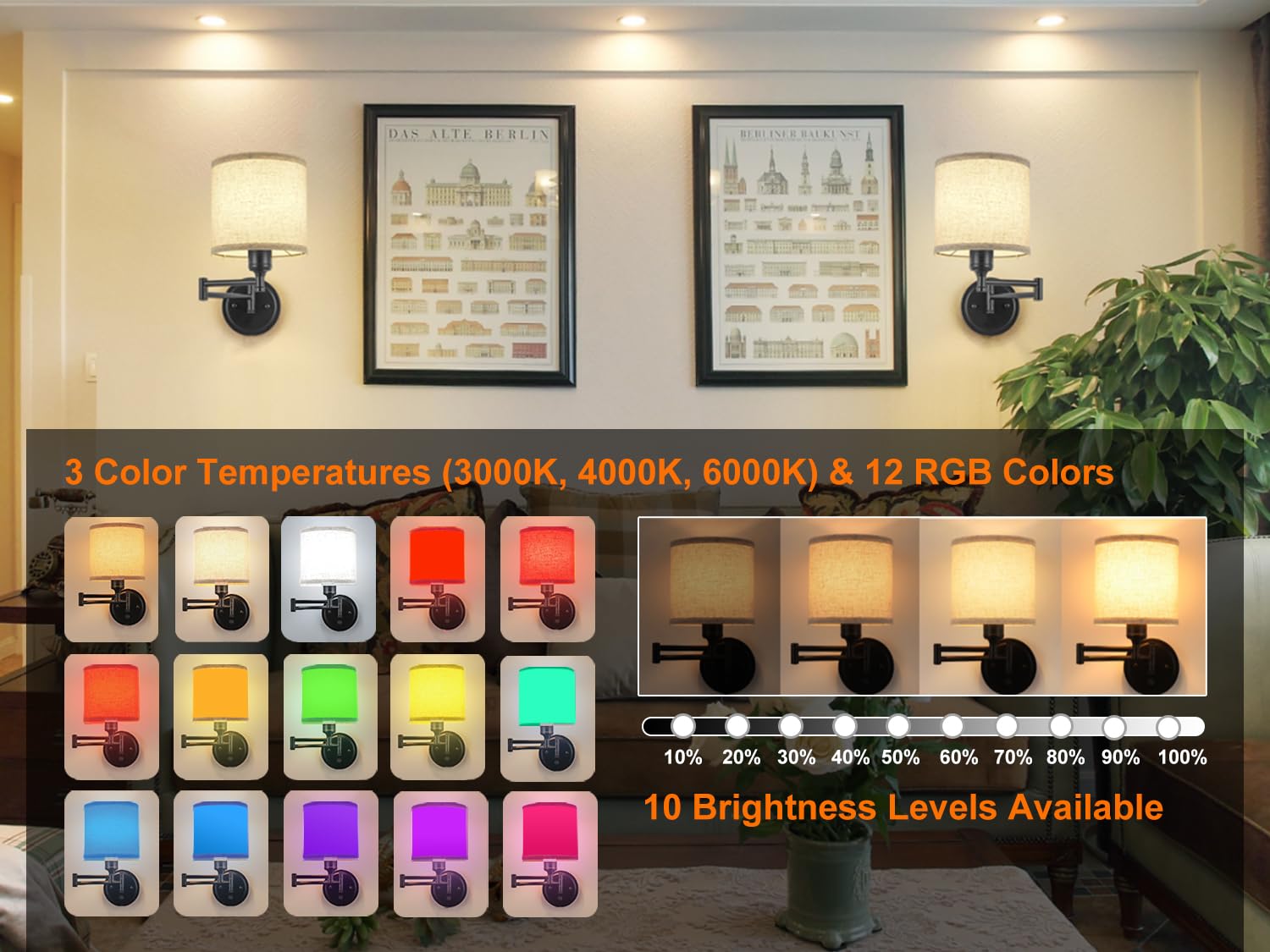 GOODATE Battery Operated Wall Sconce Set of Two, Remote Control, 15 Colors, Dimmable, Linen Fabric Shade, Model BZ-DC