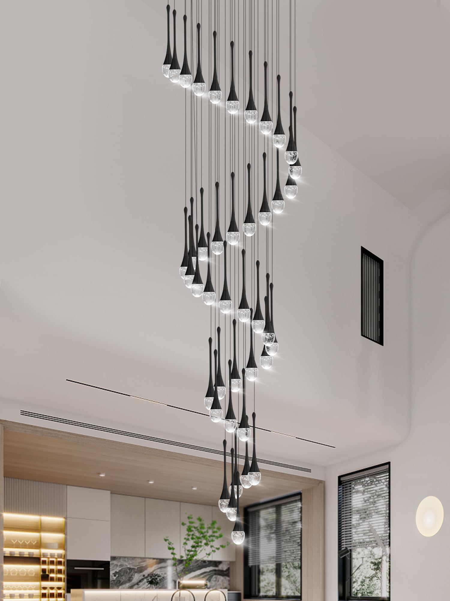 ykolupty Crystal Staircase Chandelier, 42-Lights, Adjustable Length 197in, Black, Model TP0038-42H, Ideal for High Ceilings