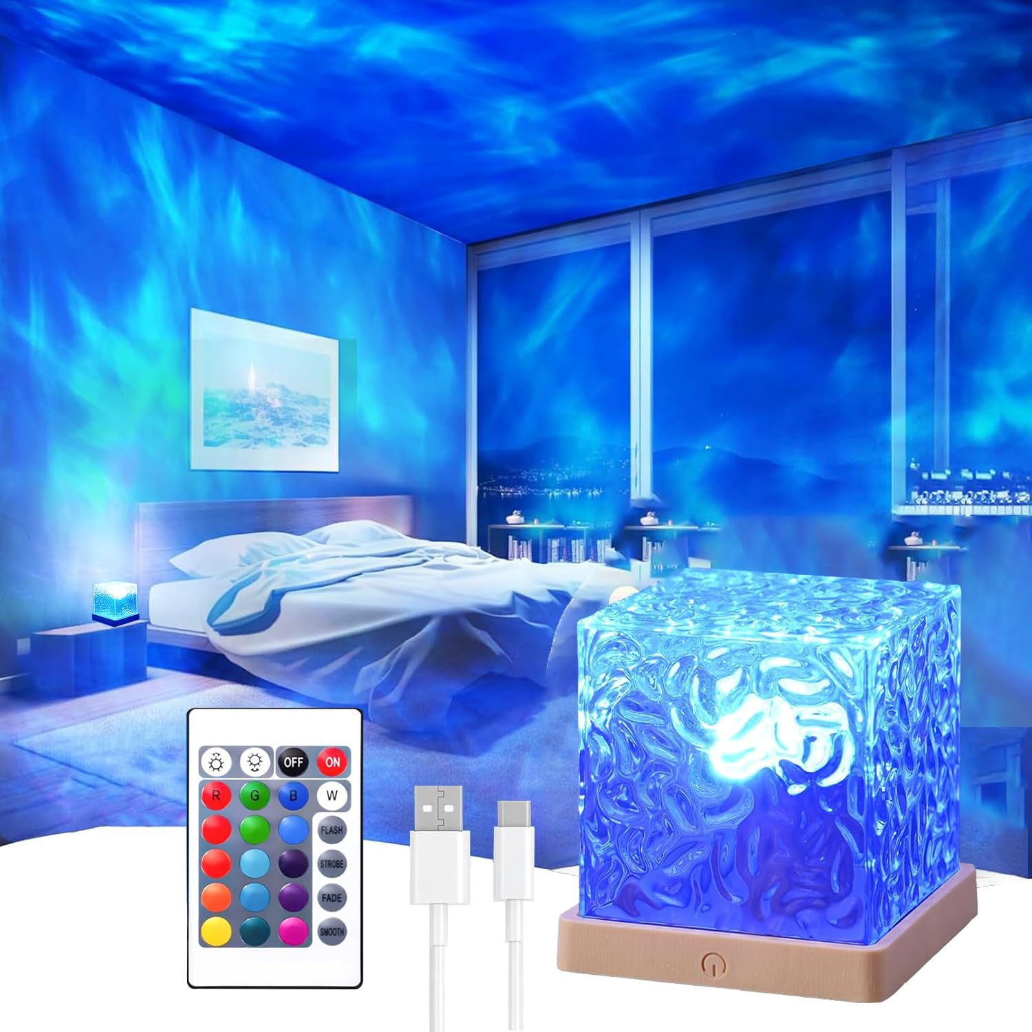 Ocean Wave Projector Light, 16 Colors Rechargeable Luminorthe Cube Lamp with Touch and Remote Control, Bringing Romance and Tran