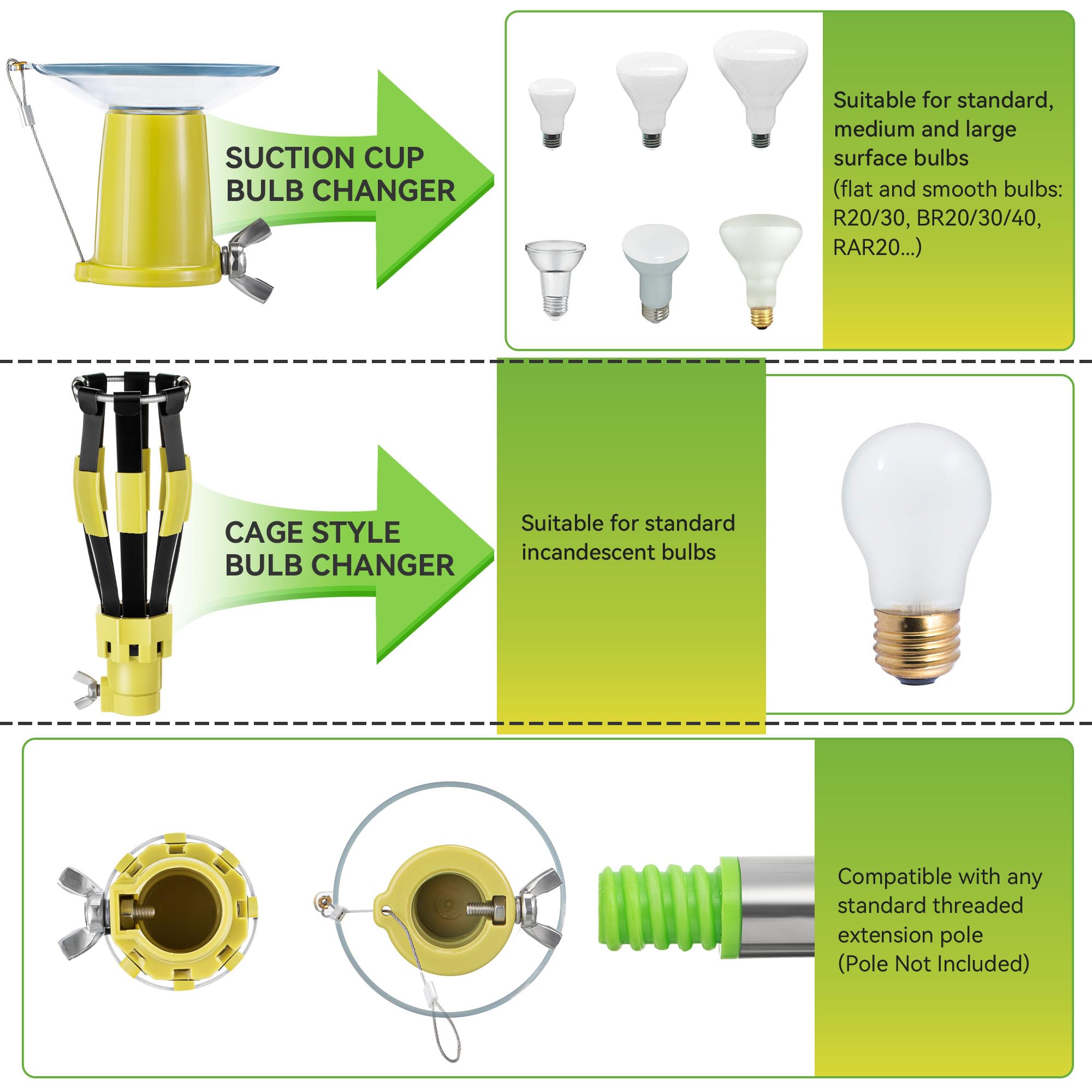 Dreyoo Light Bulb Changer Set - Standard Incandescent & Suction Cup Compatible with Extension Poles, Durable Fiber Material