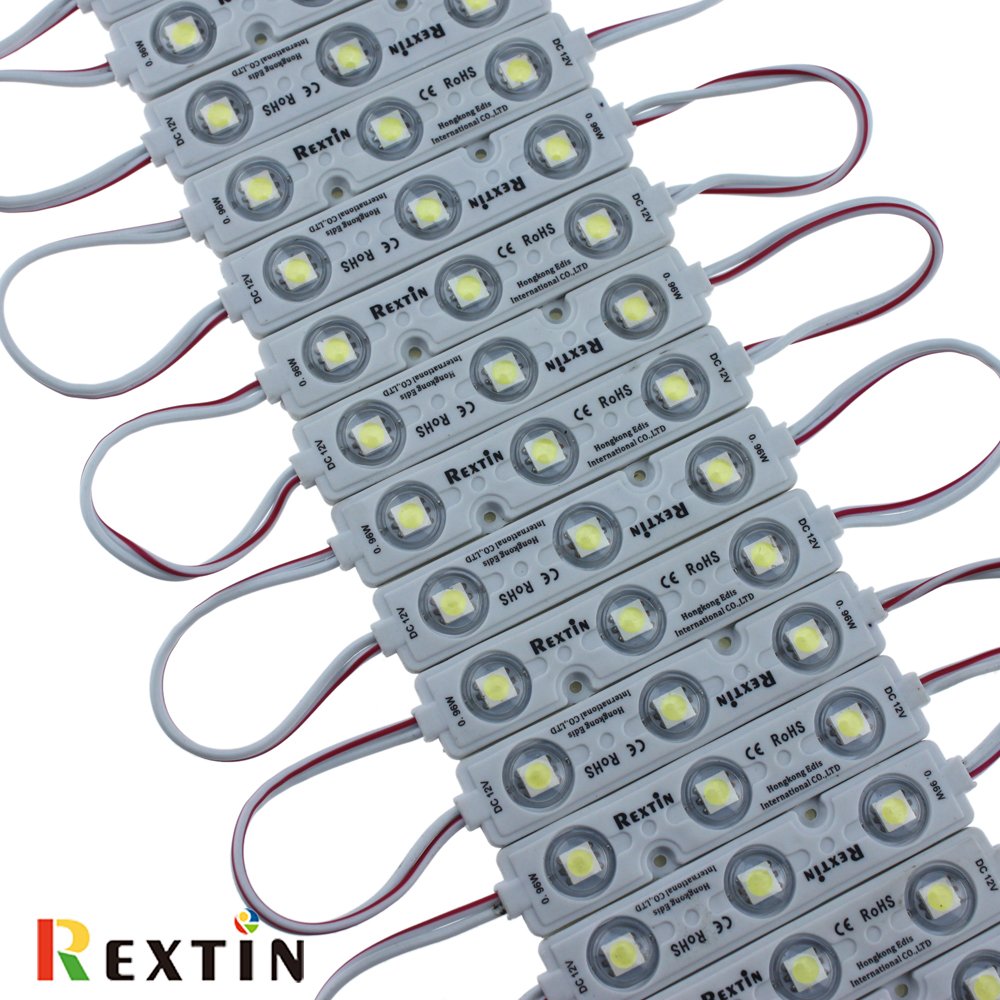 REXTiN 200pcs 3 LED Module Light, White 5050 SMD, Waterproof, Adhesive Back, 66-72LM Each for Signage and Decoration