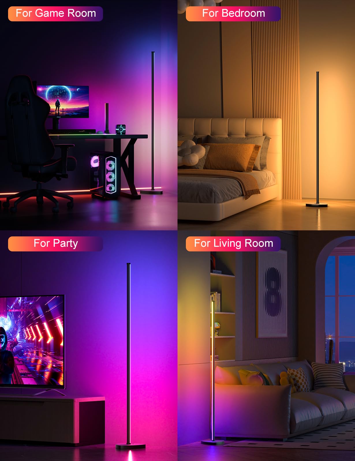 Eastfine Corner Floor Lamp, 70in LED, Black, Aluminum, APP & Remote Control, 16 Million Colors, Model DX23012-01