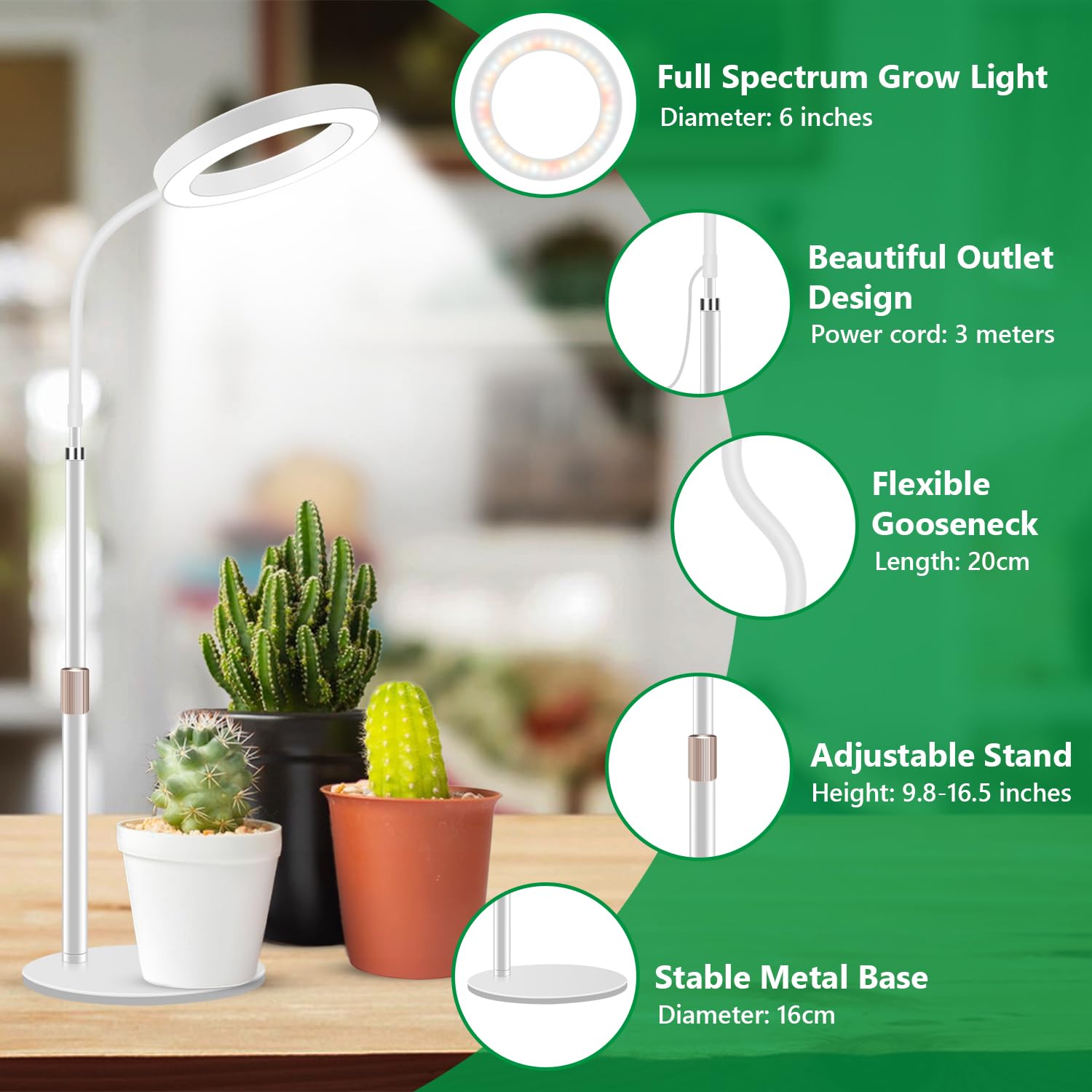 Aumtrly Grow Lights For Indoor Plants, Full Spectrum Desk Plant Light For Growing Small Plant, 80 Led Halo Plant Grow Light With Base, 6/12/16H Timer, 3 Light Modes,Height Adjustable 16.5-24.5&quot;