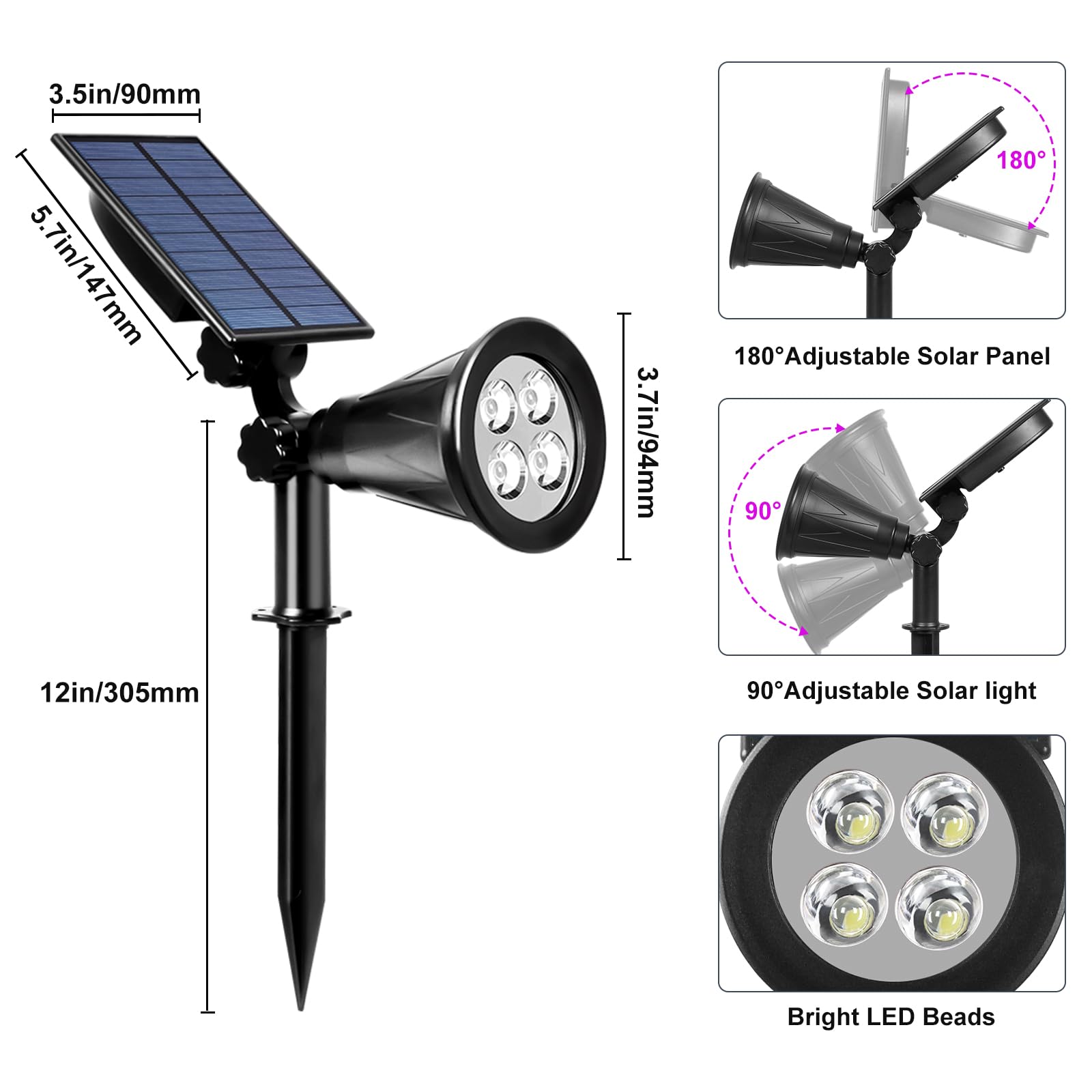 T-SUN Solar Spotlights, 4 LED Waterproof Outdoor Lights, 180° Adjustable, 1 Pack, Purple, Model SG_B07FNK8ZR2