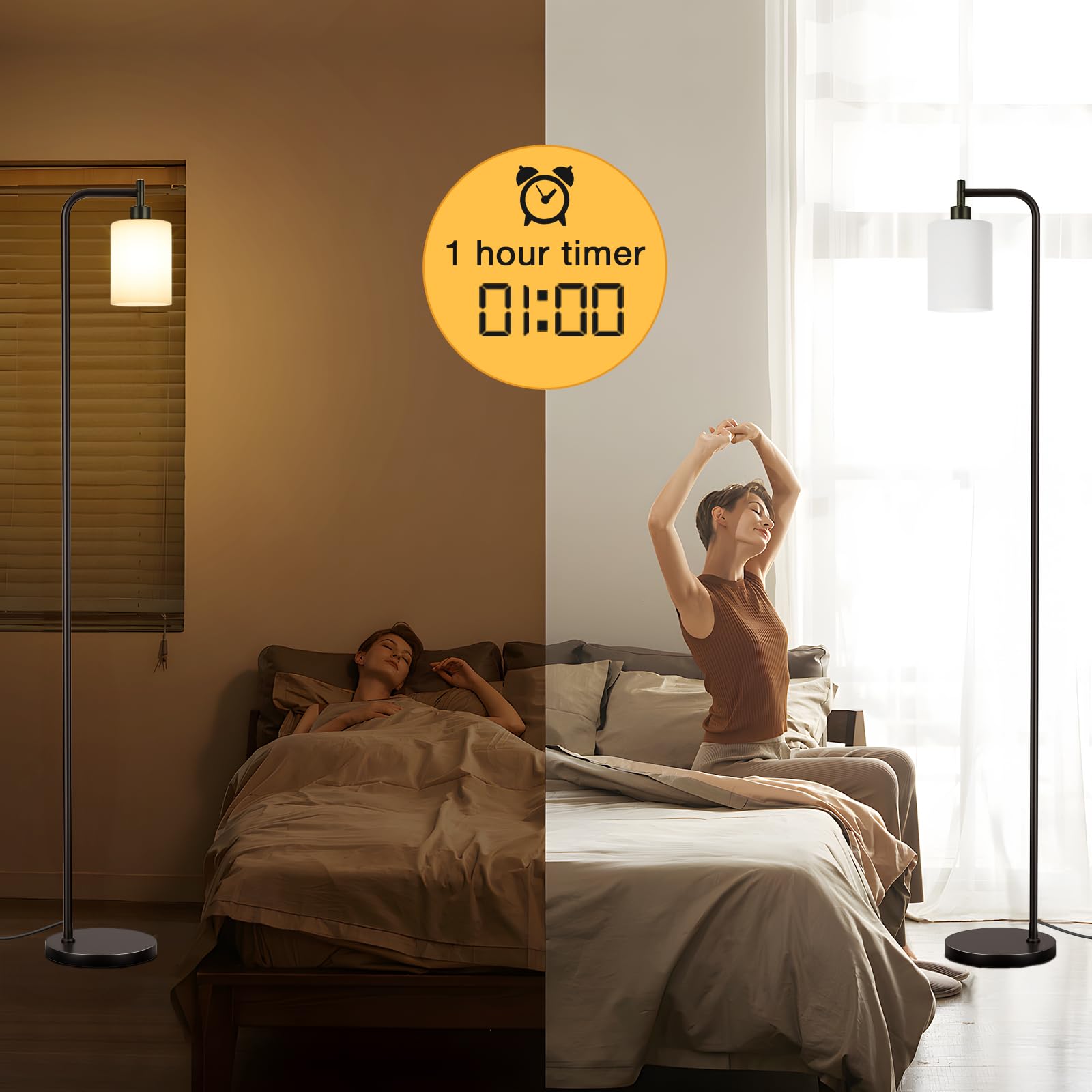 Ziisee Floor Lamps For Living Room - Standing Lamp With Remote Control Glass Shade, Modern Floor Lamp With Led Bulbs, Bright Industrial Floor Lamp For Bedroom, Black Tall Lamp For Office