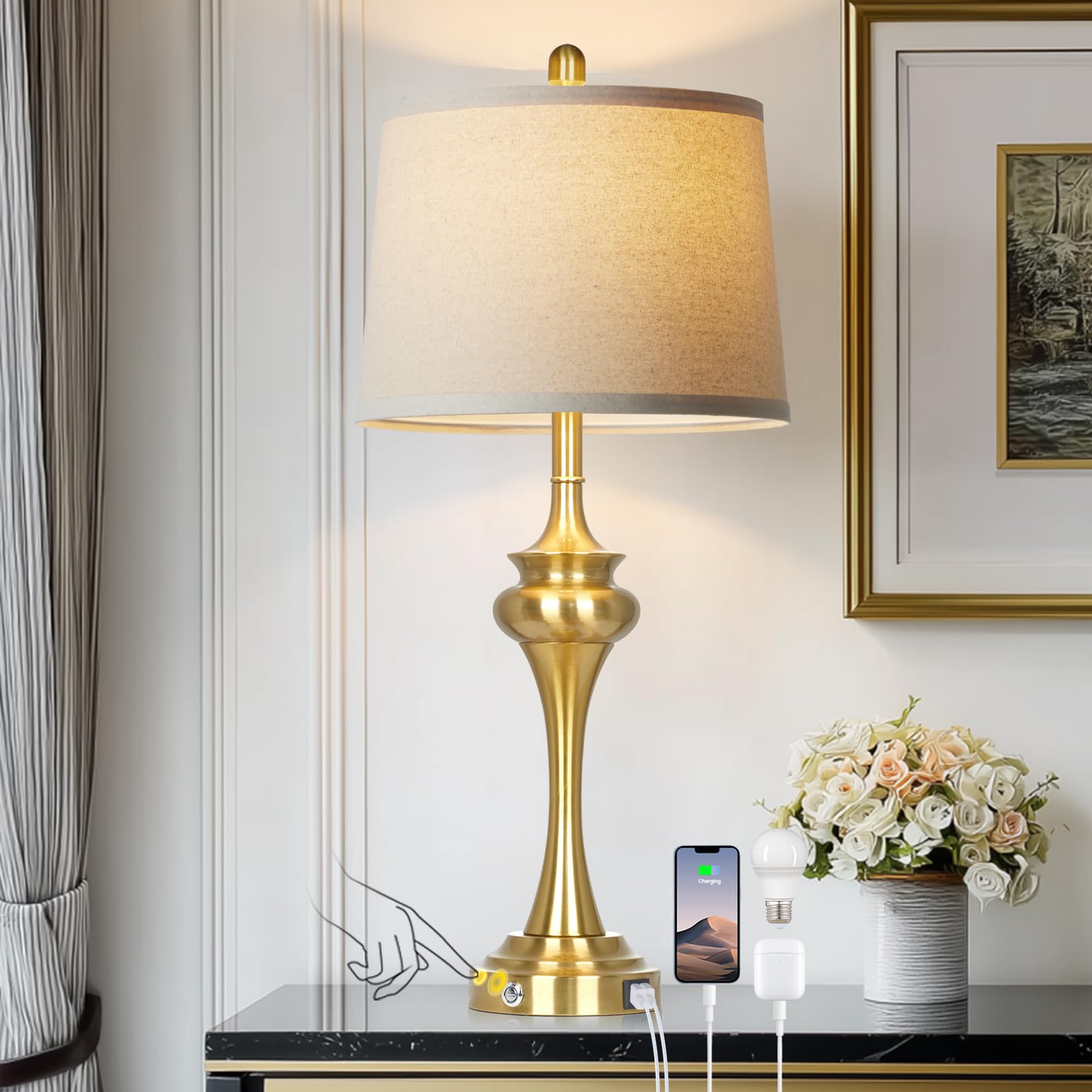 Rinweey 30 Inch Single Table Lamp for Bedside  3-Way Touch Control Bedroom Table Lamp with USB A+C Ports  Tall Living Room Lamps for End Table  Modern Brass Lamps for Nightstand Desk Office  Gold