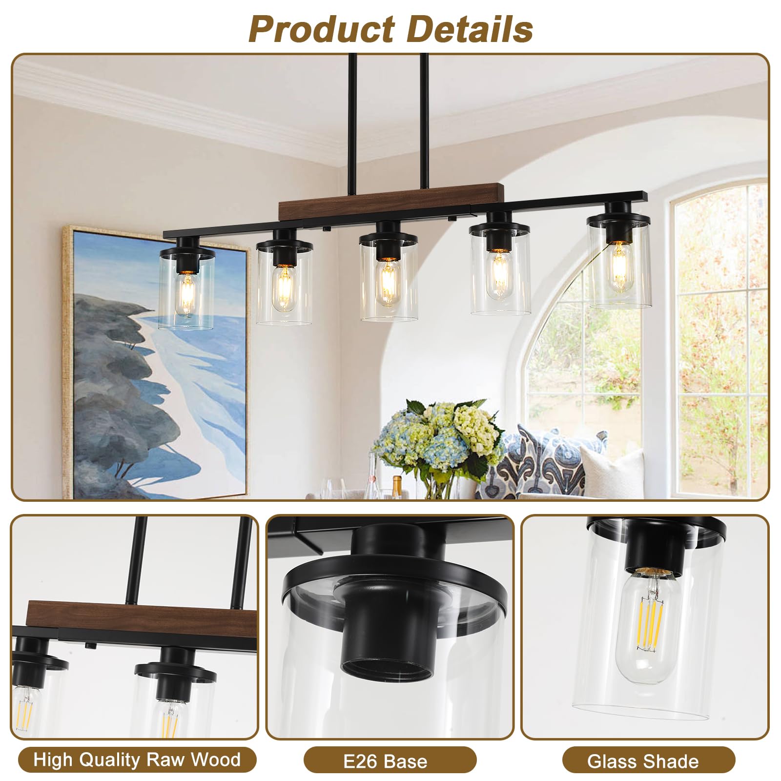 Kitchen Island Lighting,5-Light Dining Room Light Fixture/Chandelier Over Table,Black Modern Rustic Wood Ceiling Pendant Light F
