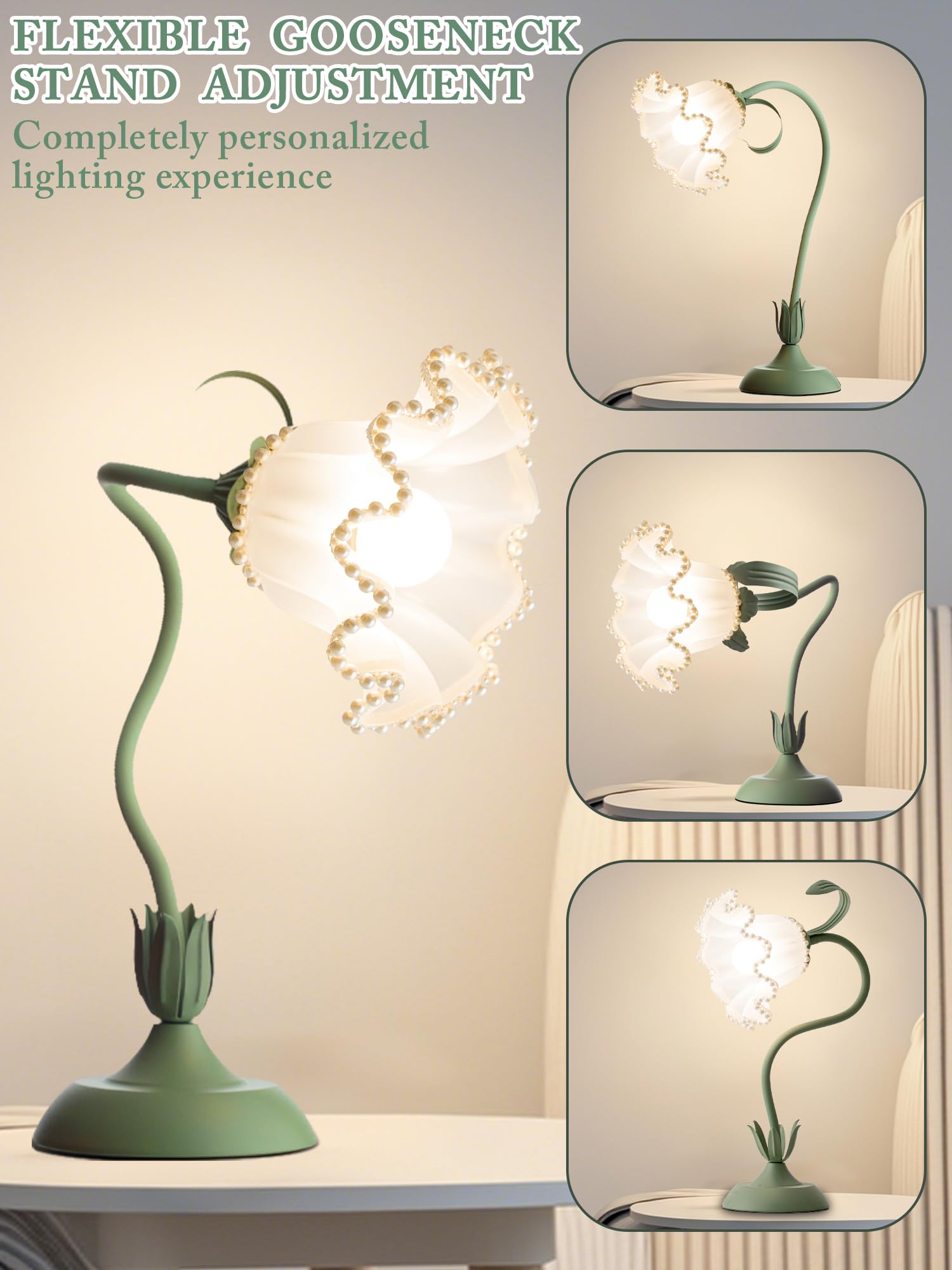 AQDZCNF Flower Table Lamp, LED Night Light, Vintage Style, Acrylic, Green Pearls, Model MN-QBKR-AEJK-1-2