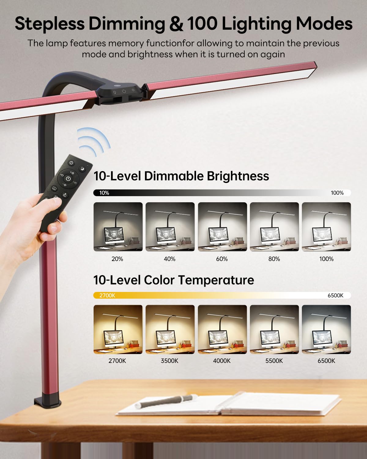 SUNLINKCO LED Desk Lamp - 24W Stepless Dimming, Eye-Caring, Red, Clamp, Remote Control, Flexible Gooseneck for Home Office & Study