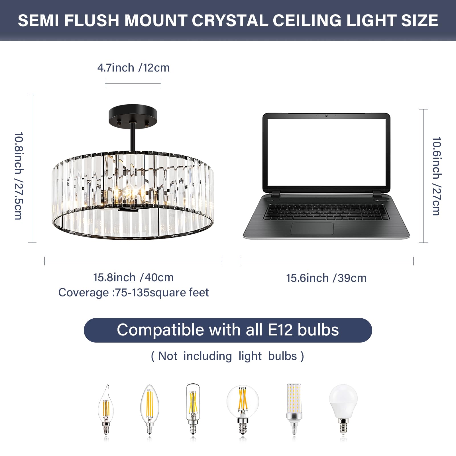 Violoemi Modern Black Semi Flush Mount Ceiling Light Crystal 3-Light Light Fixture 15.75 Inch Kitchen Ceiling Lighting For Living Room Bedroom Dining Room Bathroom Entryway(Bulb Not Included)