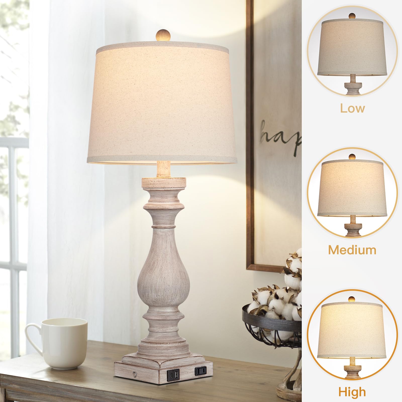 Cinkeda 29" Vintage Table Lamp Set of 2, Gray Resin with USB Ports & AC Outlet, 3-Way Dimmable Touch Control, Model TD-CK-207