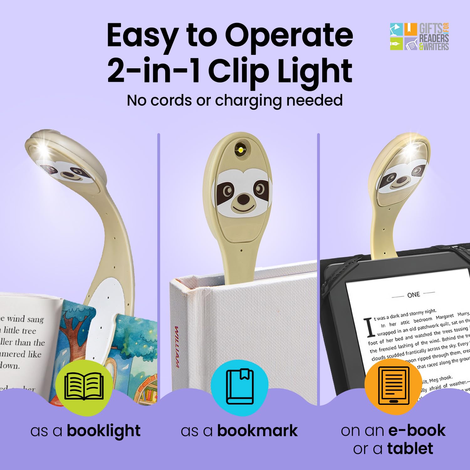 Gifts for Readers & Writers Flexilight Bookmark Reading Light | LED Clip-On Lamp | Sloth Design