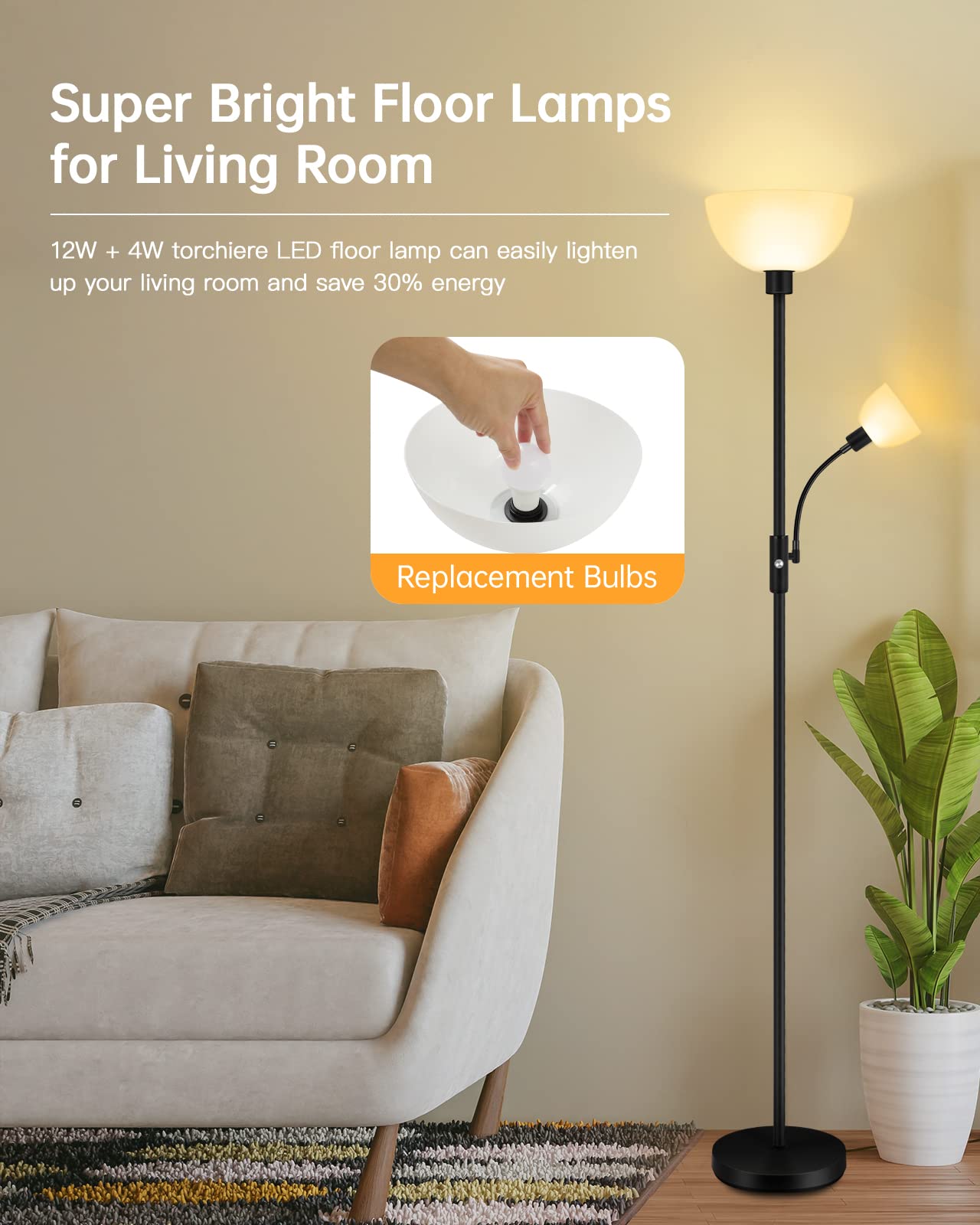 Boostarea Floor Lamps For Living Room, Modern Floor Lamp With Reading Lamp(12W, 4W), Bright Standing Lamp With Bulbs, 70.5'' Tal