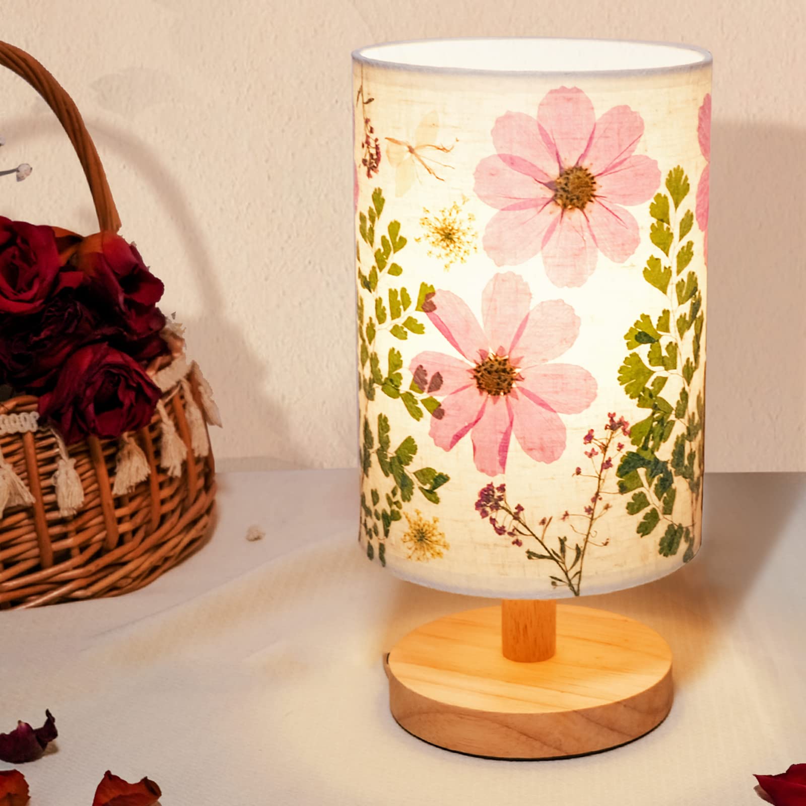Floresita Dried Flowers Table Lamp 5W LED 3-color Pressed Flower Bedside Lamp Linen Shade Table Lamp with Wood Base for Bedroom 