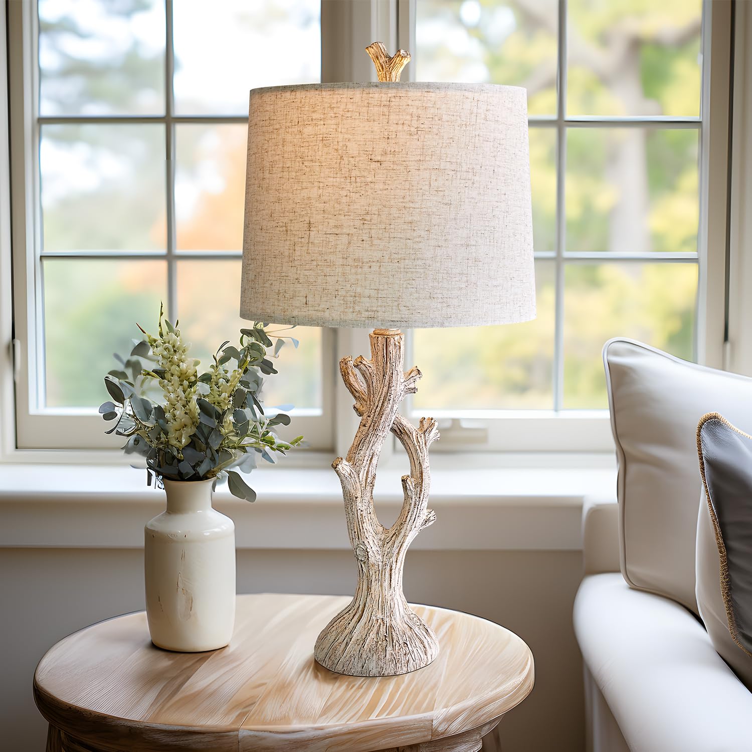 OYEARS Farmhouse Table Lamps Set of 2, Vintage Natural Style, 25" White Bedside Nightstand Lighting