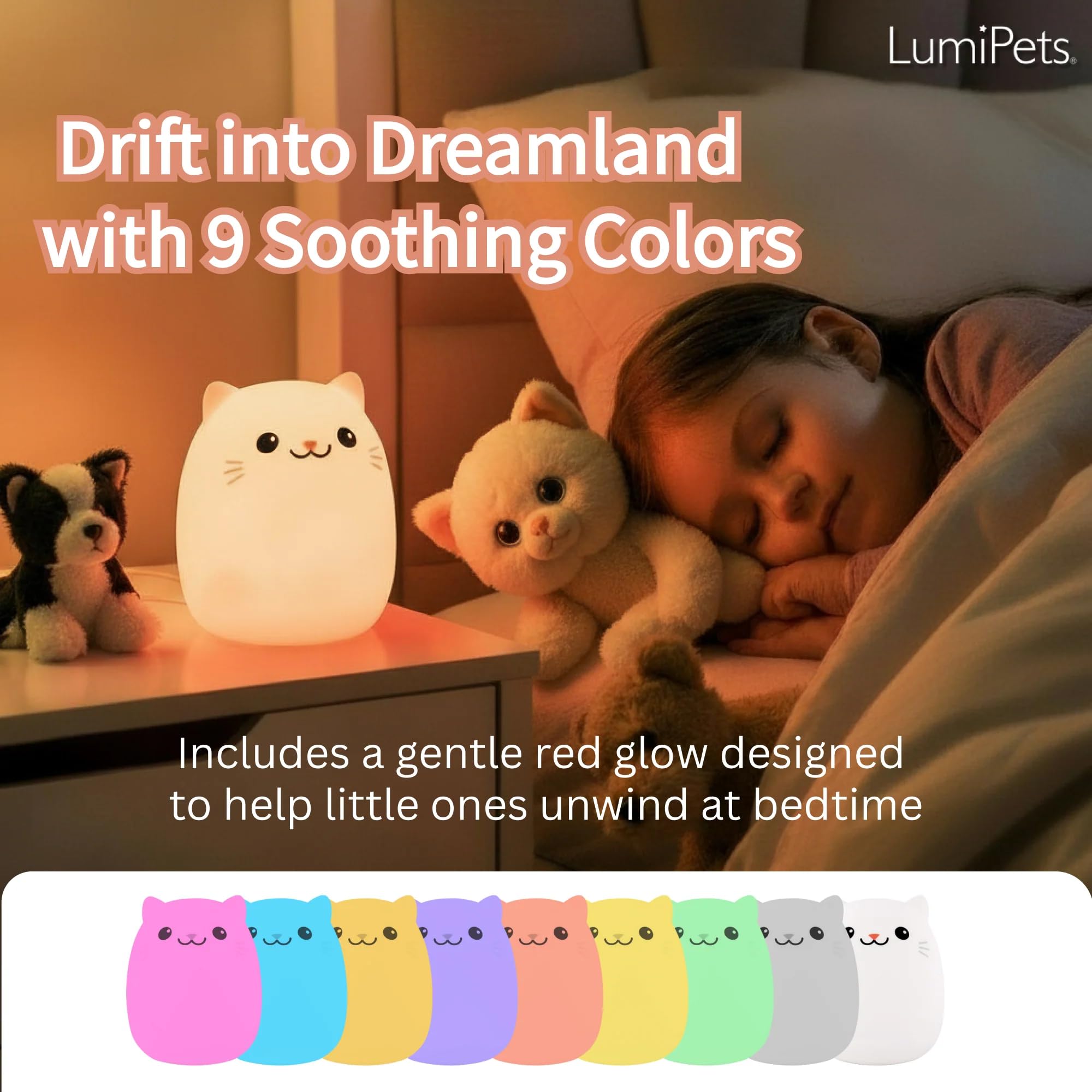 Lumipets Night Light Kids Lamp, Rechargeable Multicolor Silicone Cat Night Light, Model Lumipets13 For Girls Room