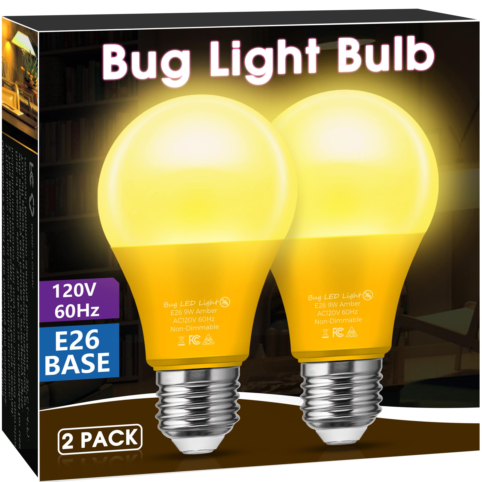 Bug Lights For Outside, Bug Light Bulbs, 60W Yellow Light Bulbs Outdoor Equivalent 9W, A19 E26 Led Amber Light Bulb, Non-Dimmabl