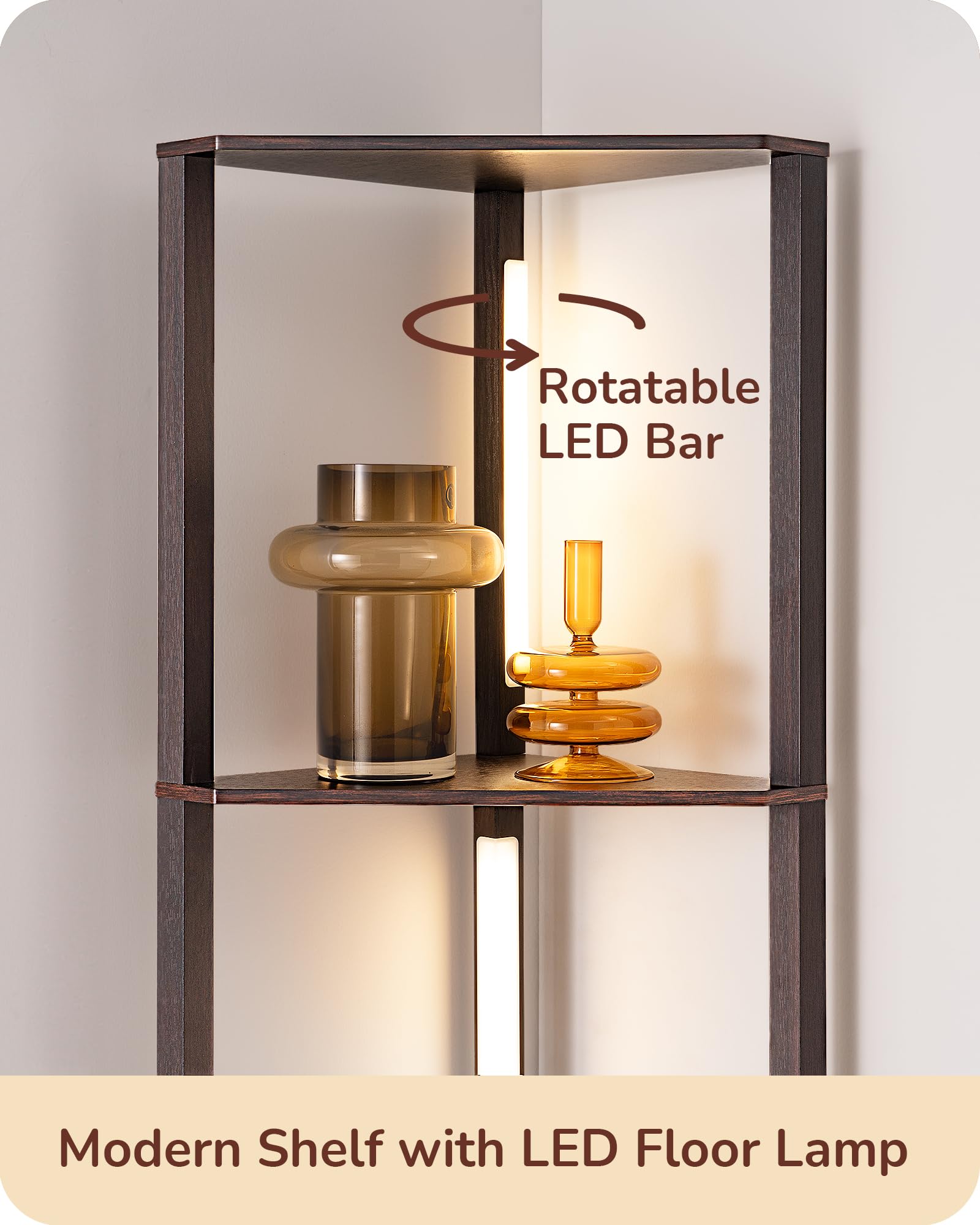 EDISHINE 64in Corner Shelf Floor Lamp, Stepless Dimmable, 3CCT, Black Walnut, Model HFLHA1D, Wood, 12inD x 12inW