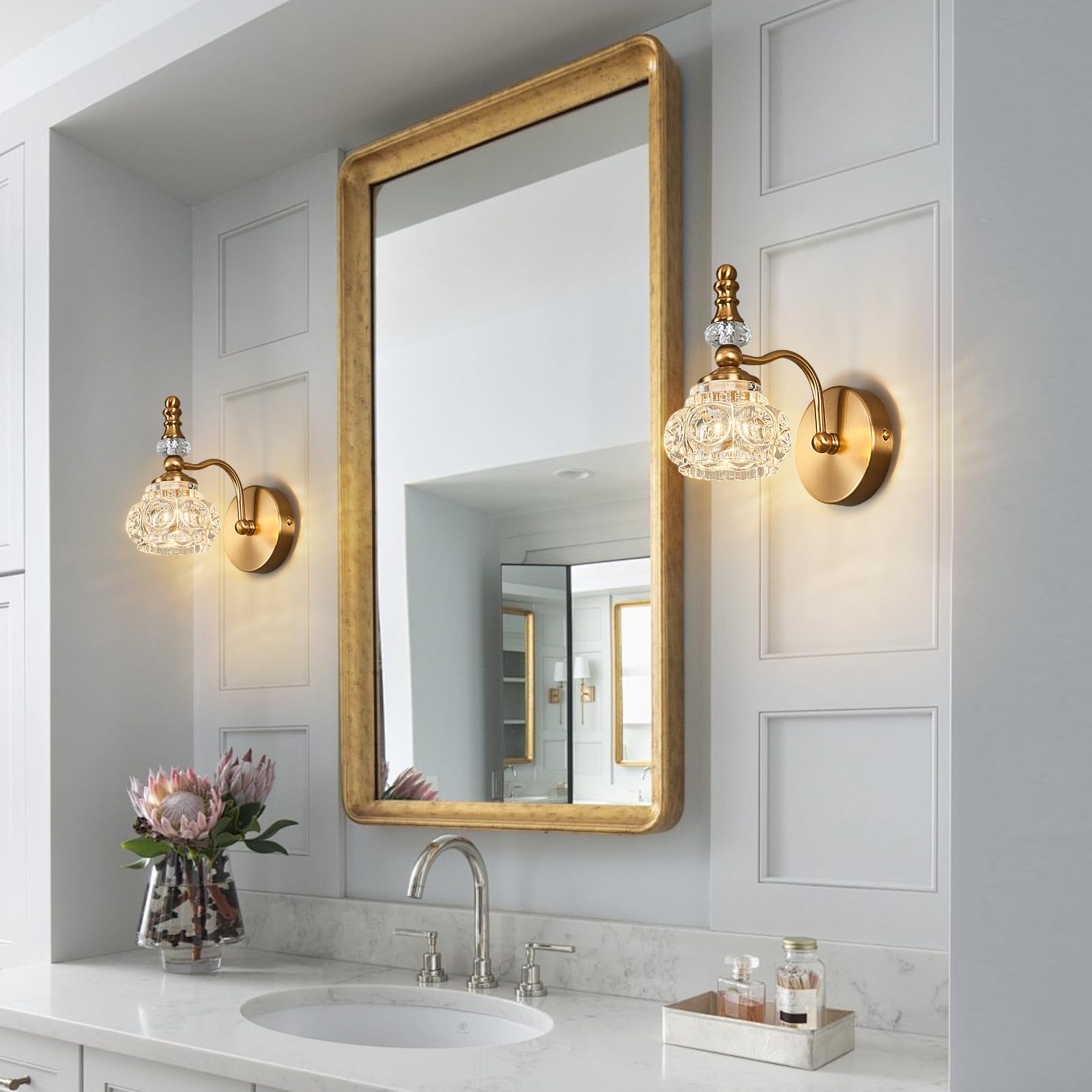 Lbsqj Modern Wall Sconce Set Of Two Indoor Lamp Gold Vintage Glass Light Bathroom Vanity Fixture Wall-Mounted Room Lighting