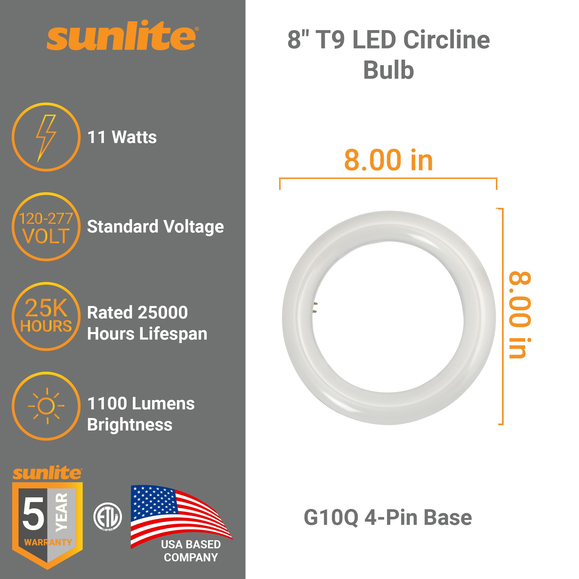 Sunlite 12'' T9 Led Circline Bulb, 16W, 120-277V, Non-Dimmable, 1600 Lmns, G10Q 4-Pin Base, Cct Selectable 30K/40K/50K/65K, Etl