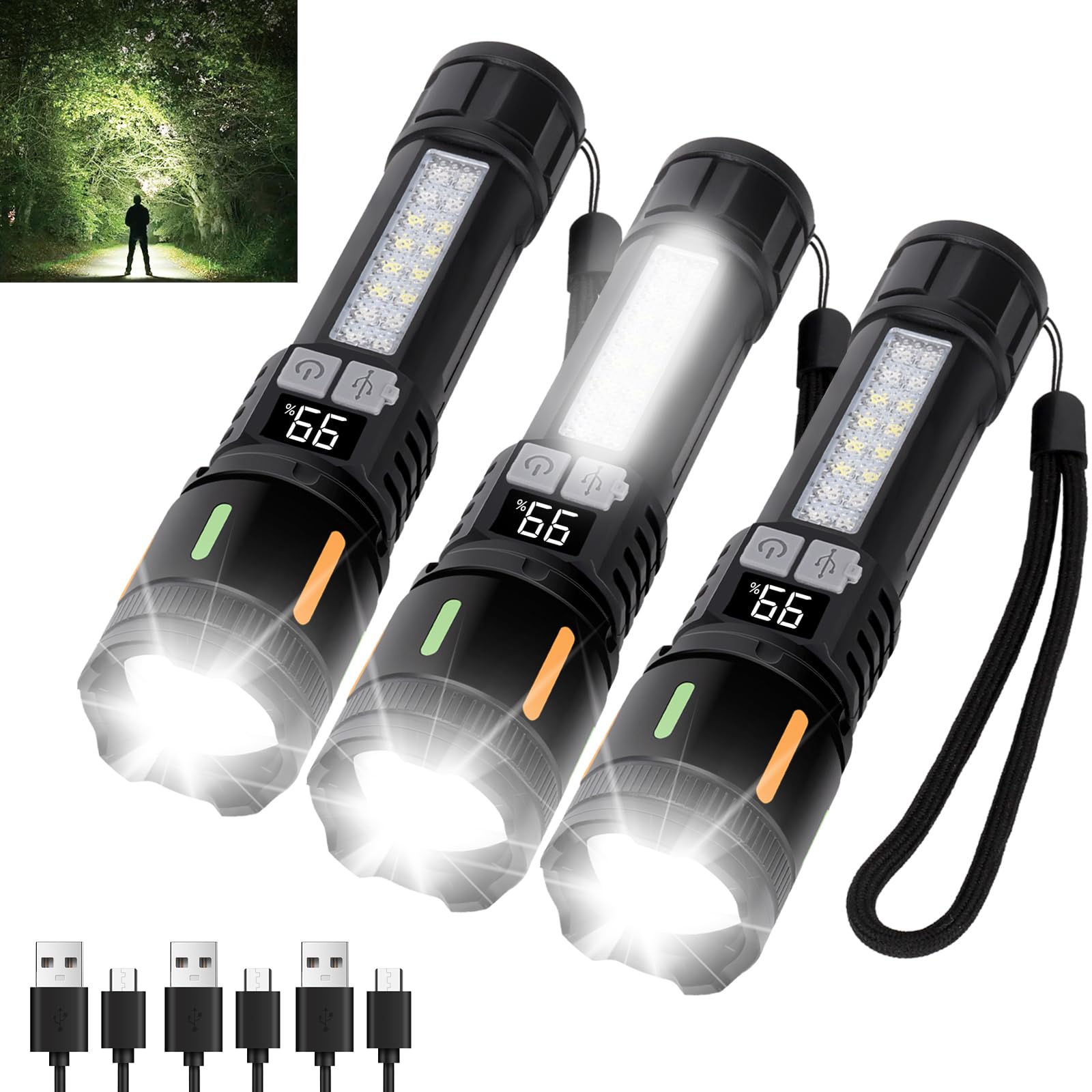 Ewenele Flashlights High Lumens Rechargeable 3 Packs, 990,000 Lumen Led Flashlight Battery Powered with 5 Light Modes, Side Ligh