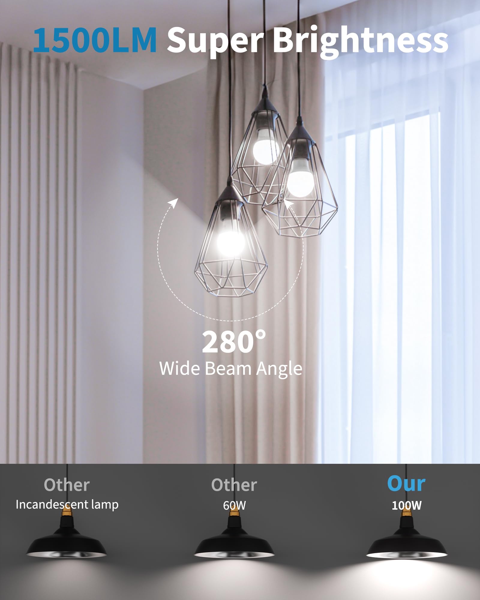 6 Pack Led Light Bulbs 100 Watt Equivalent, A19 15W 5000K Daylight, Super Bright White Light 1500 Lumens, E26 Standard No Flicke