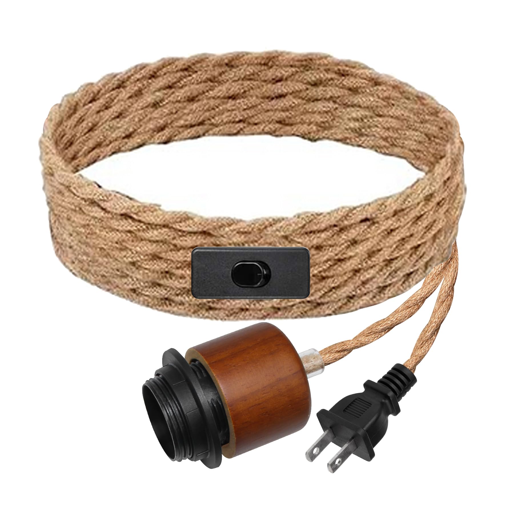Plug in Hemp Rope Pendant Light  500 CM Hanging Lights Cord with Plug in  Vintage Wooden E27 Lampholder Pendant Light Fixture Without Bulb