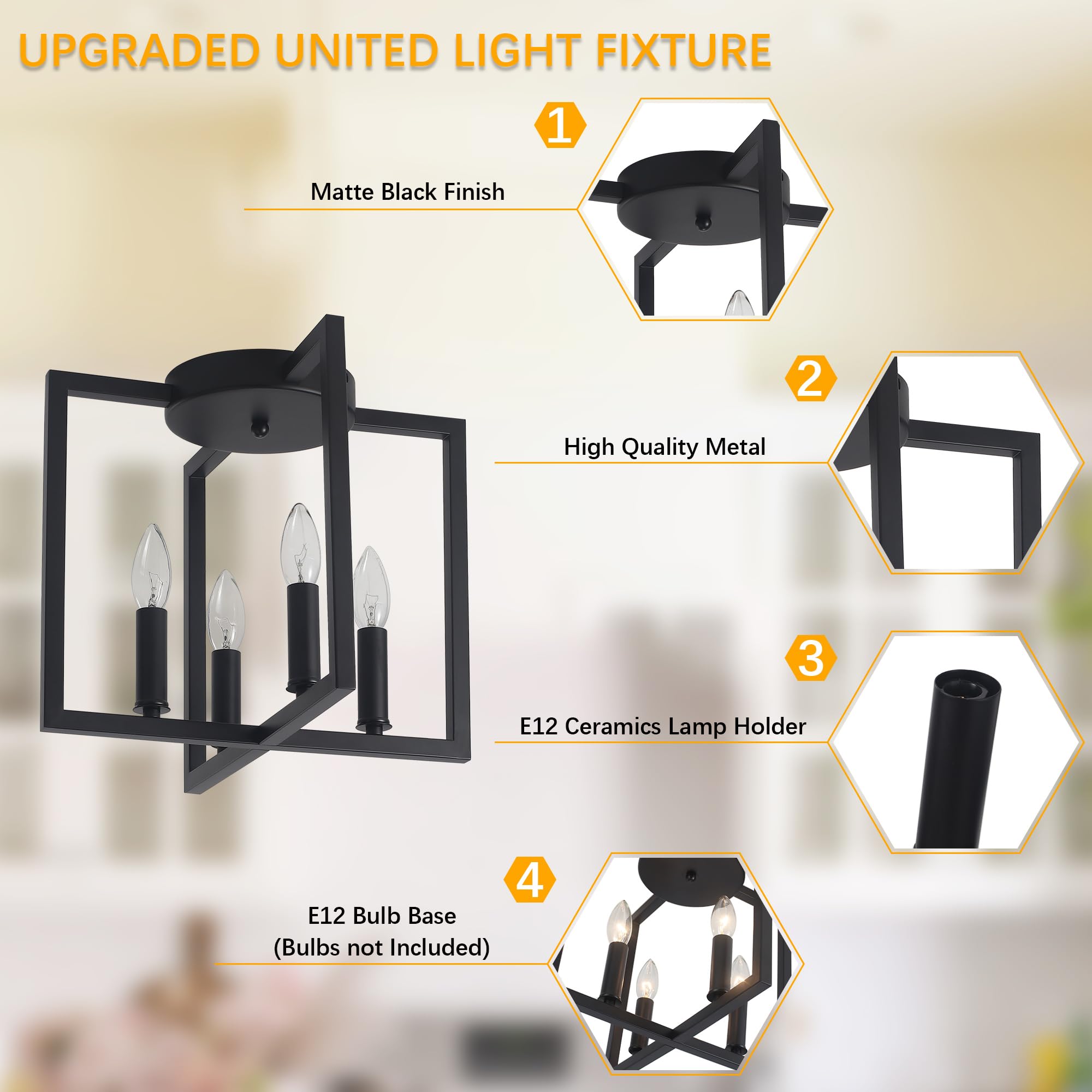 Bosomfr Semi Flush Mount 4-Light Black Ceiling Light, Modern Farmhouse Industrial Light With Geometric Metal Shade, Kitchen, Hal