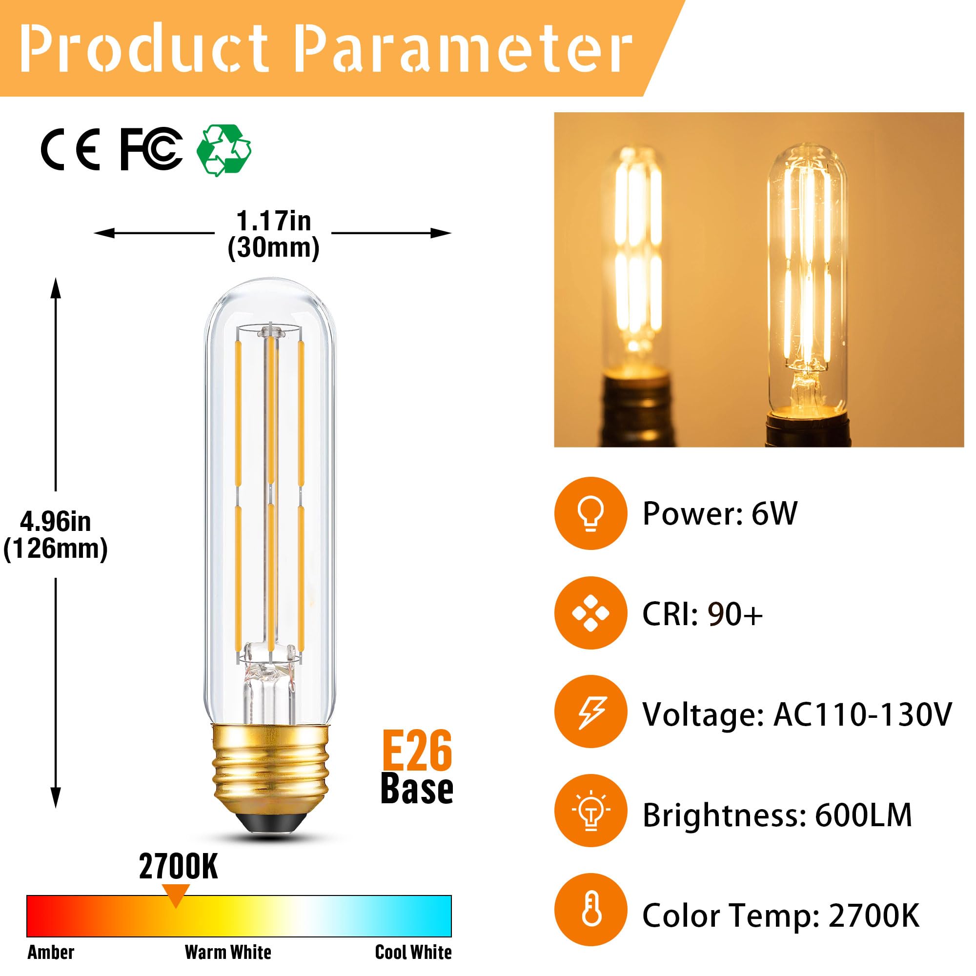 Dimmable E26 T10 Led Bulb Tube Light Bulbs 6W(60W Equivalent),Tubular Light Bulb Type T Long Thin Skinny Light Bulbs For Curio C