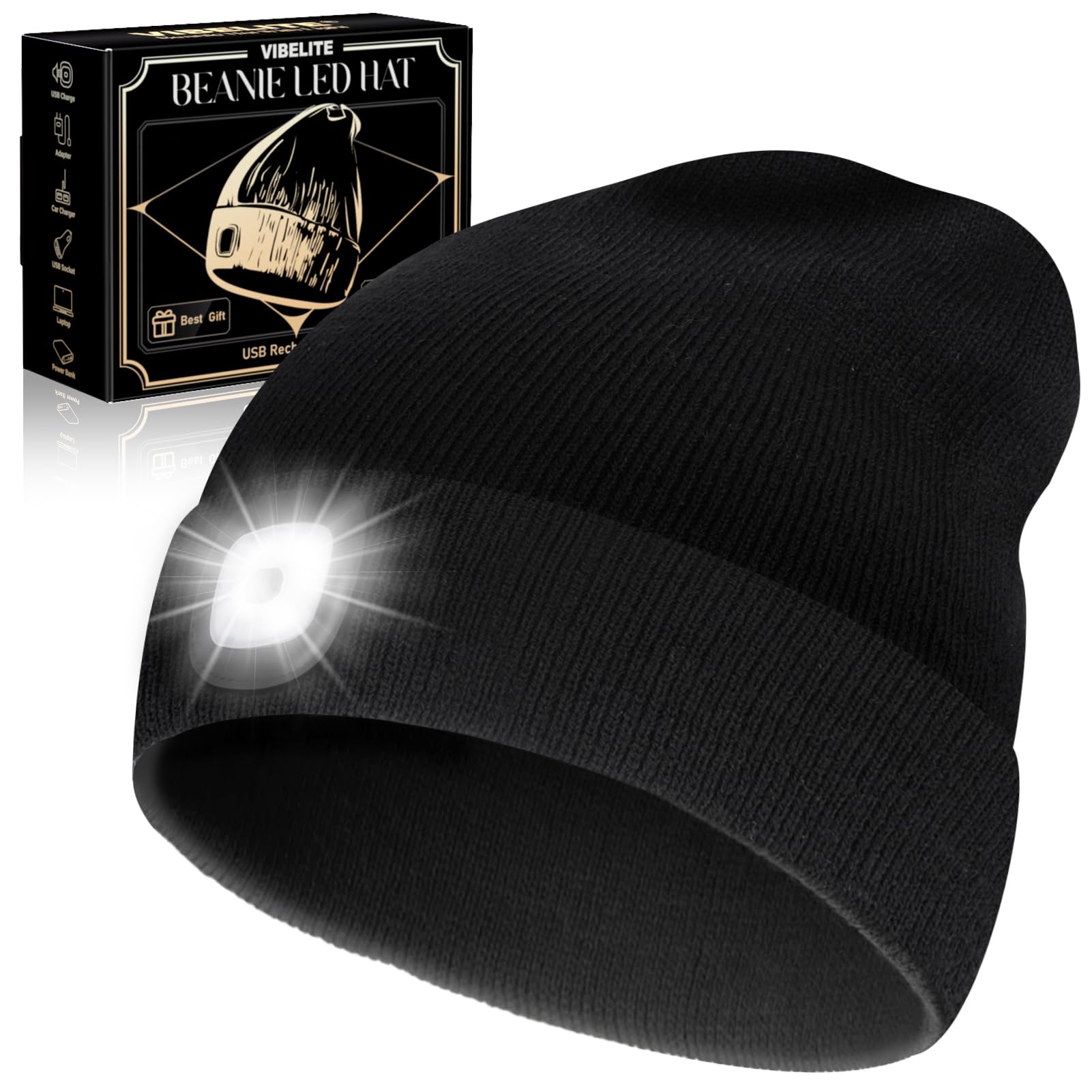 VIB high-standard LED Beanie Hat with Light, USB Rechargeable, Black, Model VBHL01