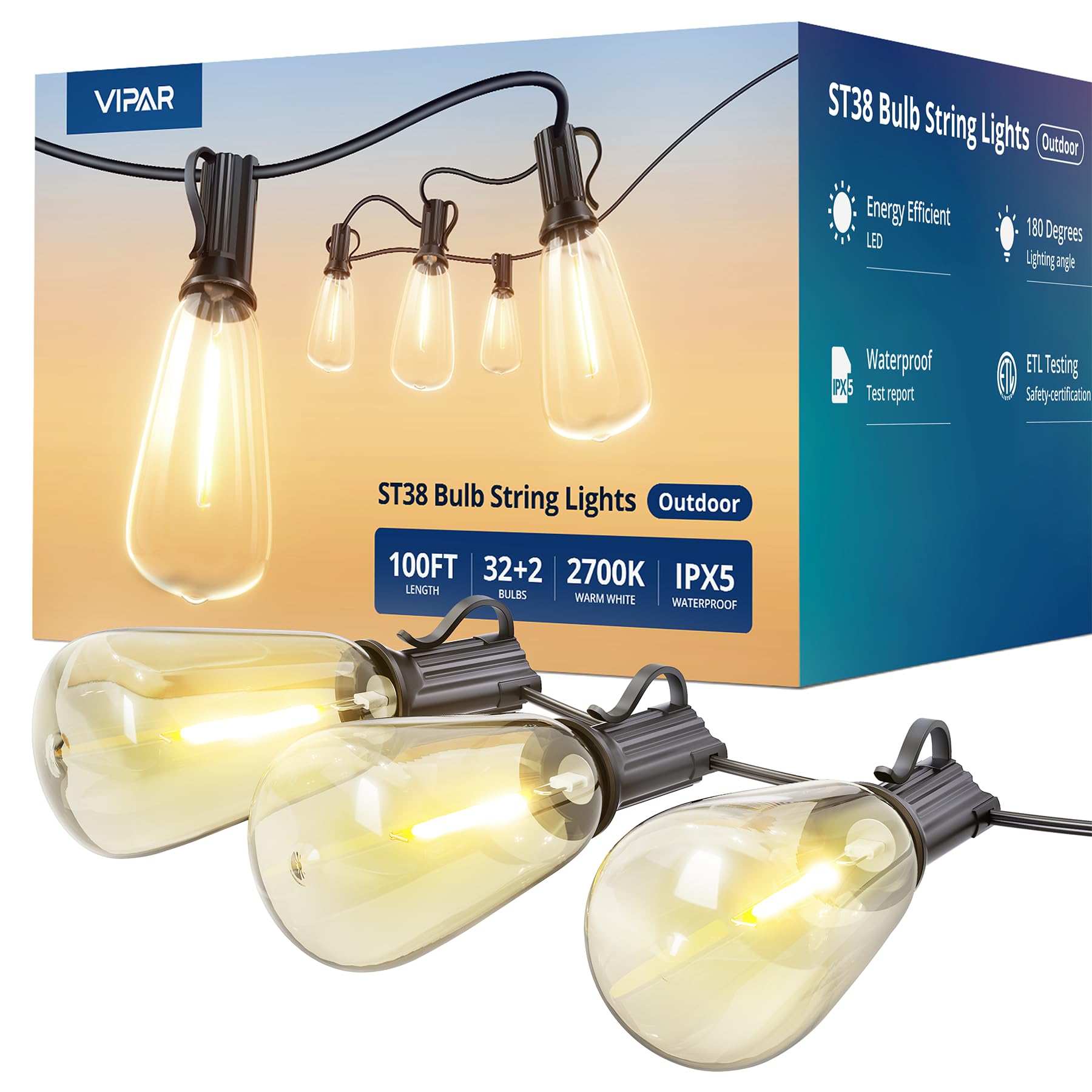 VIPAR LED Outdoor String Lights, 100FT Patio Lights with 32 Edison Shatterproof Bulbs, IPX5 Waterproof Outside Hanging Light Con