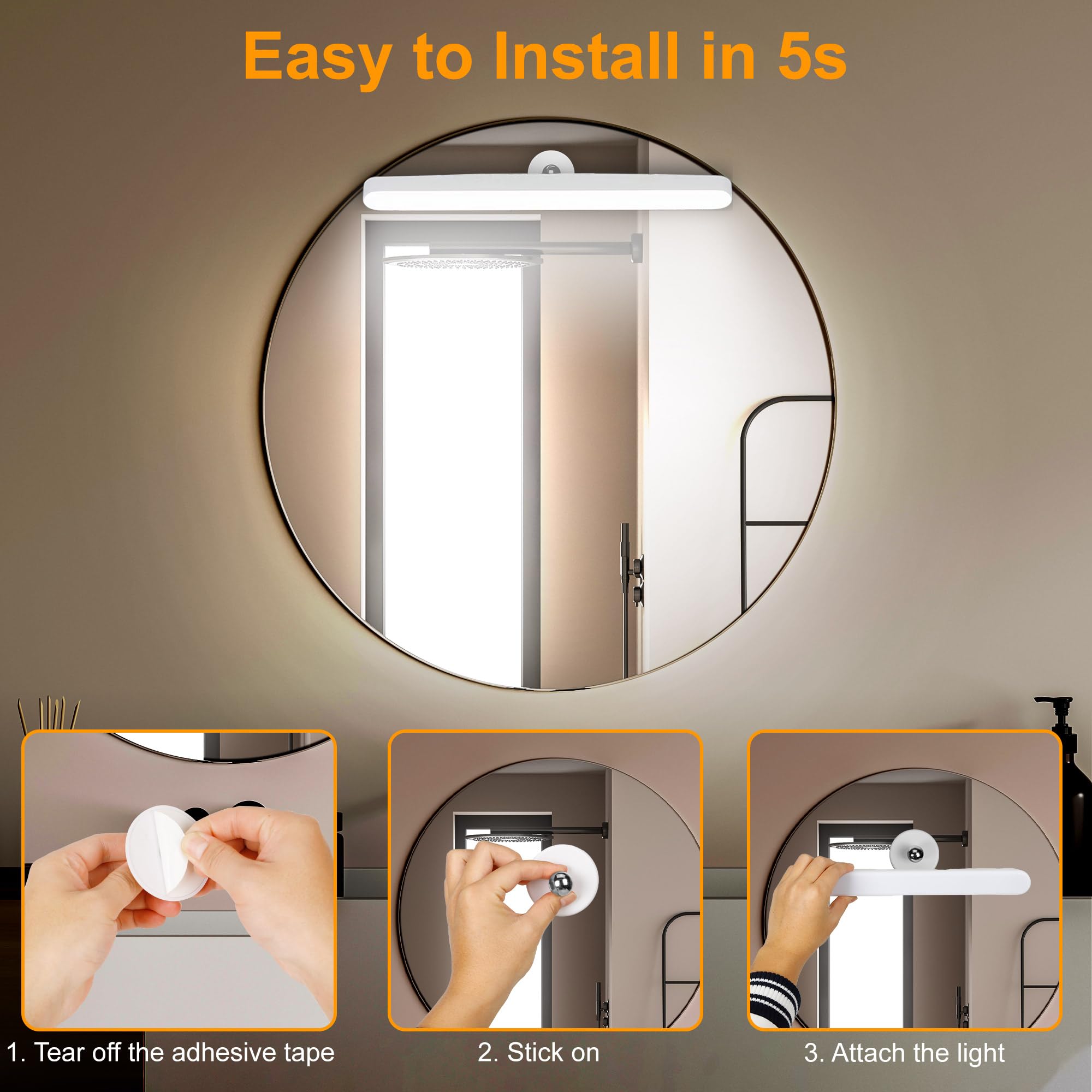 Benreom Wireless Mirror Lights - Rechargeable, Adjustable Brightness, 1 Pack, White Light, ABS Material for Makeup Vanity & Bathroom