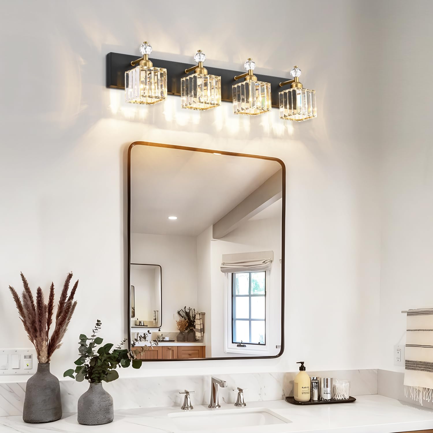 PRESDE Crystal Vanity Light 4 Lights Modern Stainless Steel Black+Gold Square Bathroom Fixture