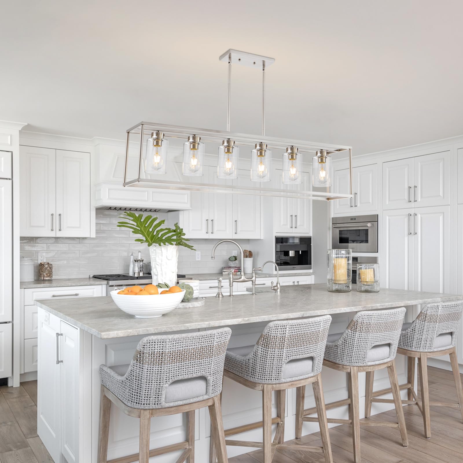 Hccz 6 Light Brushed Nickel Modern Farmhouse Chandelier Adjustable Pendant Lighting For Dining Room