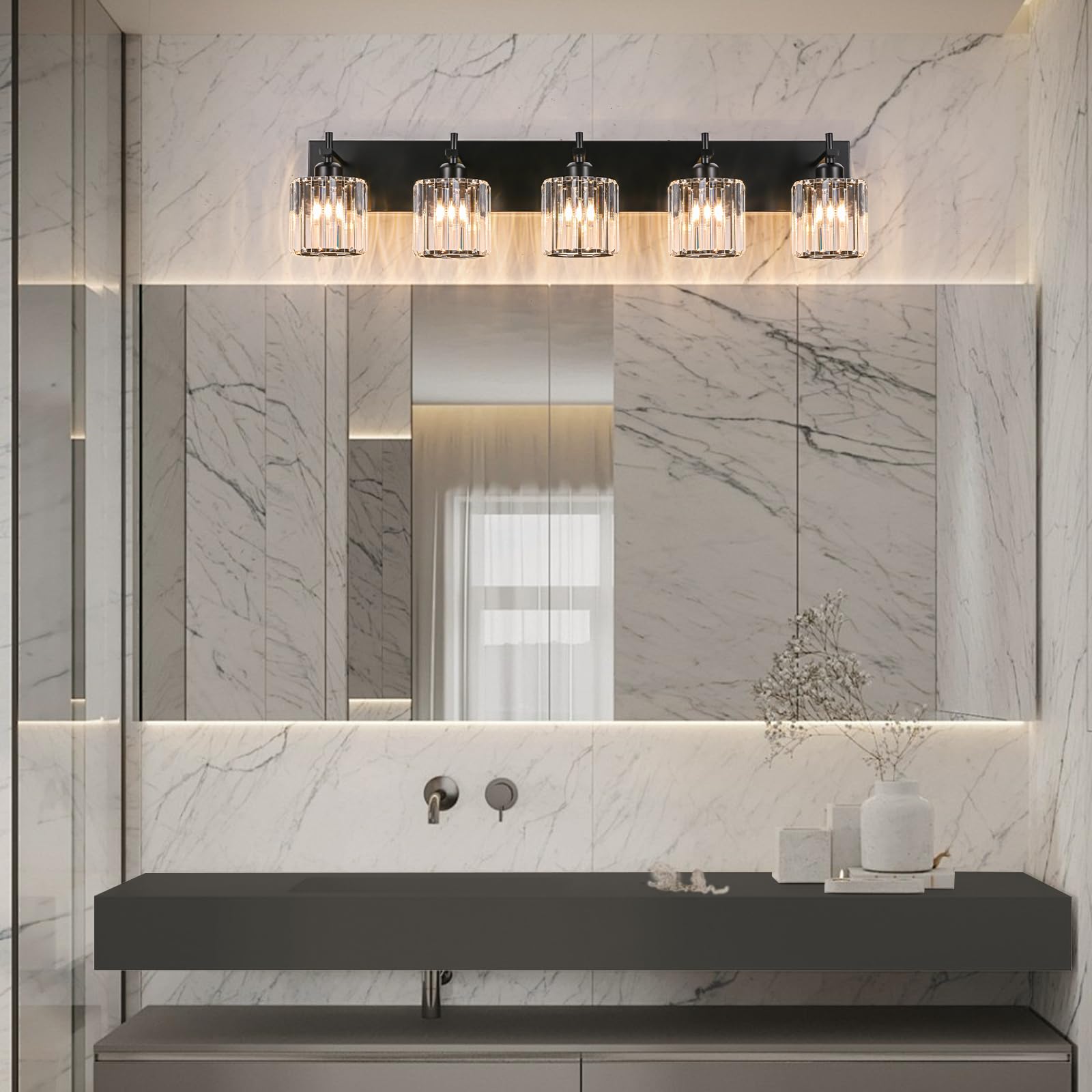 HUOKU Black Crystal Bathroom Vanity Lights, 5-Light Modern Fixture Over Mirror, Metal & Crystal, Round Shade